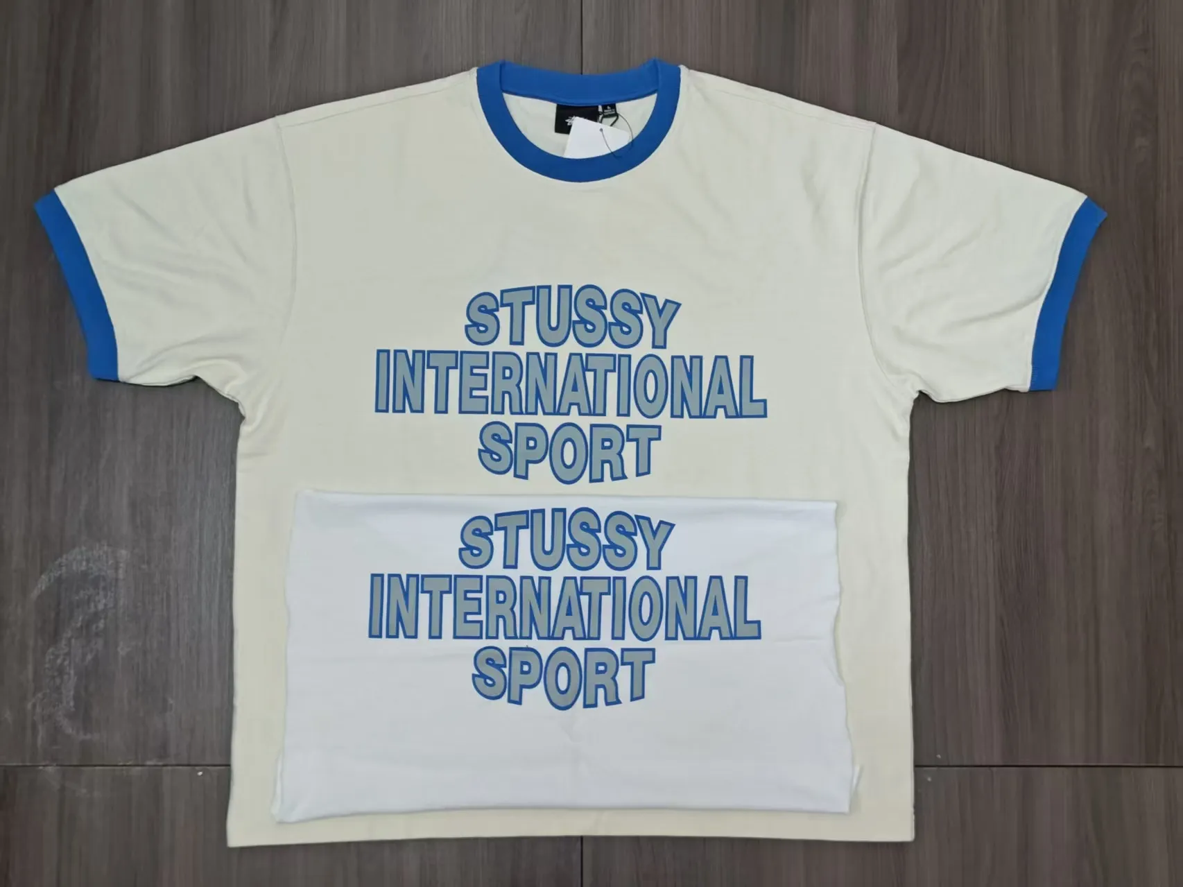 ZP pattern making: Made of heavy fabric, using 32 double yarns with a weight of 280 grams. The colors are light apricot and dark gray, custom woven and dyed. Contrast color collar T-shirt STUSSY SS25 HEAVY JERSEY CREW High weight knitted sports short sleeves, washed black, off-white, S- XL
