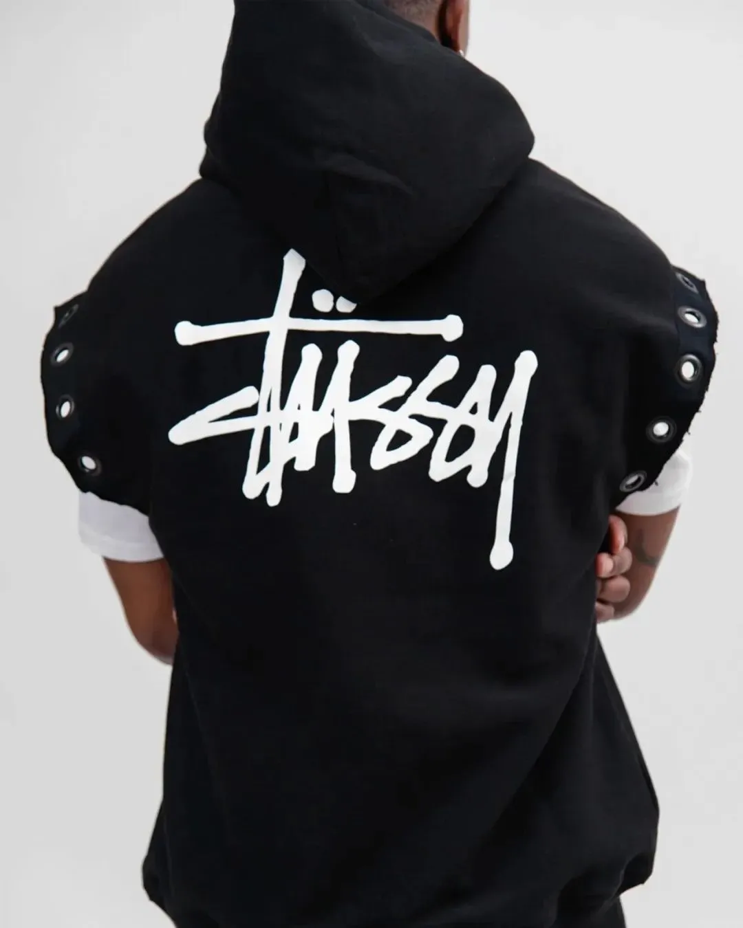 Stussy x JUNYA WATANABE Hooded Vest joint logo eyelet raw edge hooded sweatshirt vest black S-XL