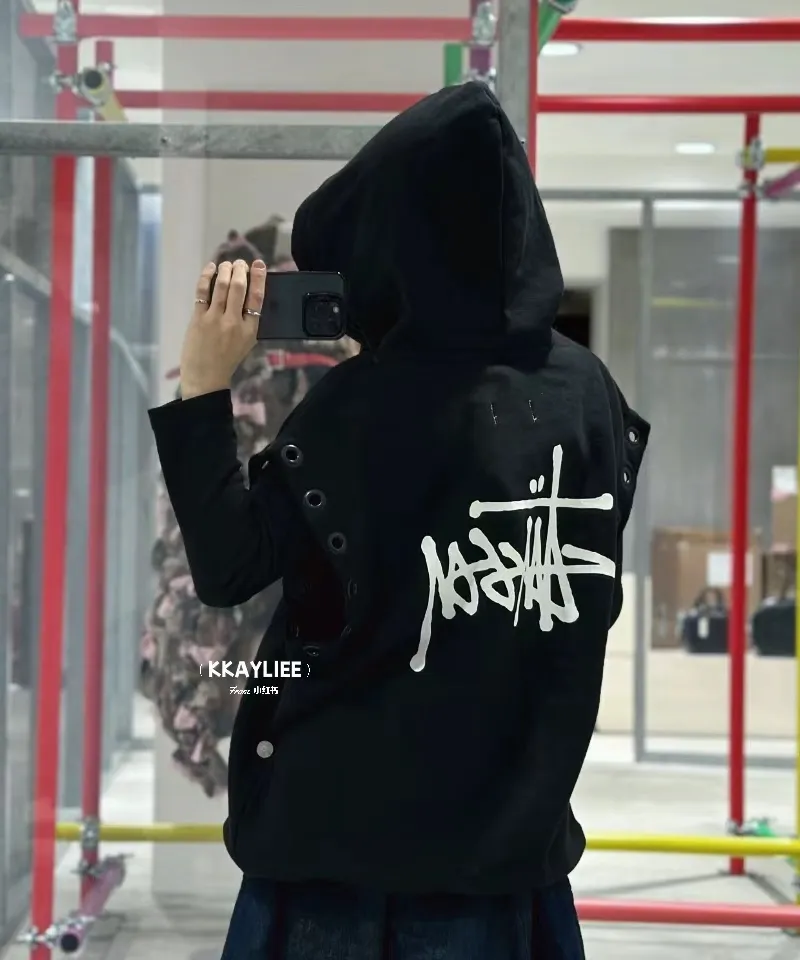 Stussy x JUNYA WATANABE Hooded Vest joint logo eyelet raw edge hooded sweatshirt vest black S-XL