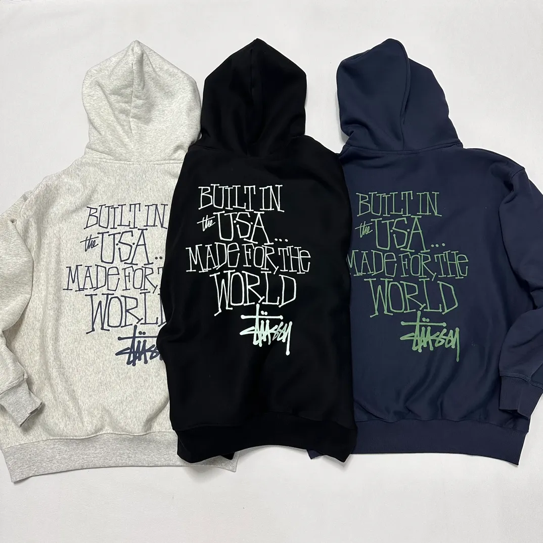Graffiti word sweatshirt Stussy FW24 BUILT IN USA HOODIE English logo on the back plus velvet hooded sweatshirt/hoodie black gray blue S-XL