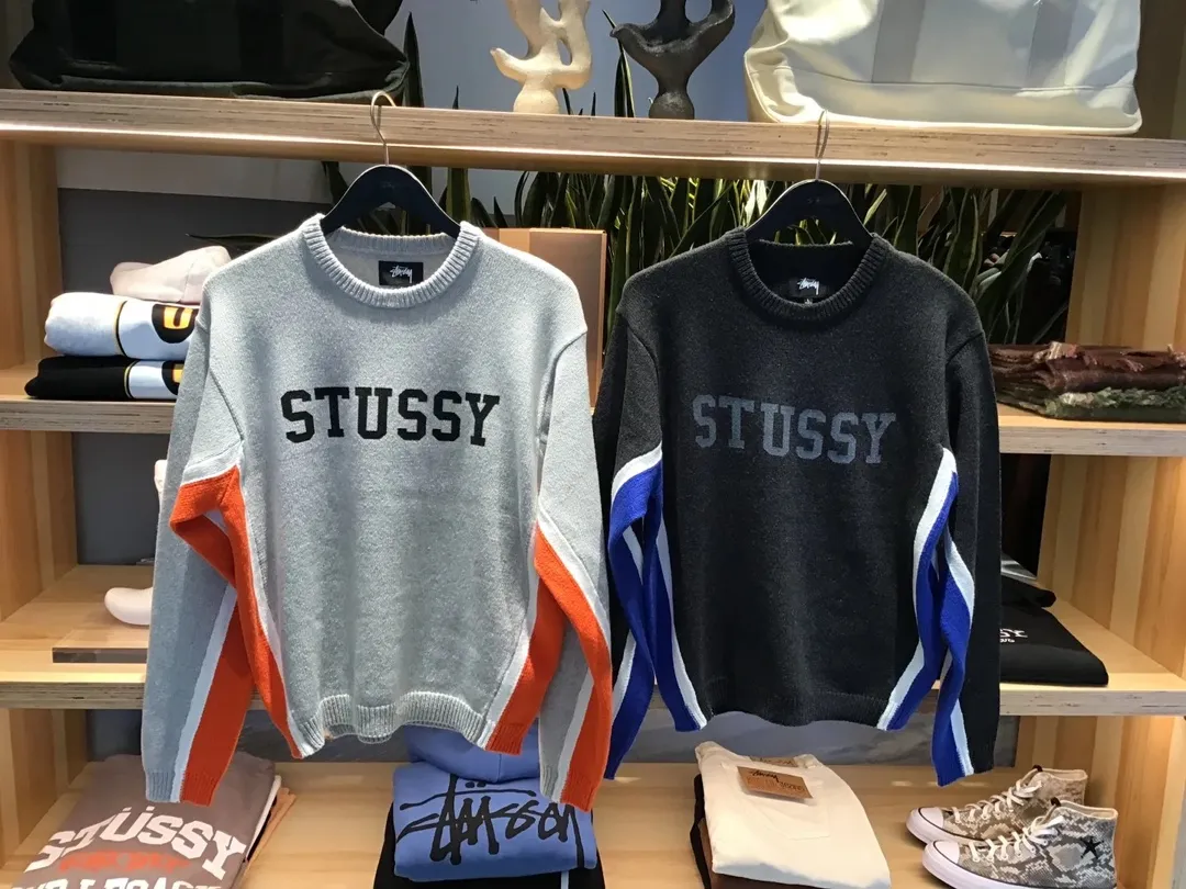 Contrast color patchwork sweater STUSSY FW24 STRIPE CREW Holiday series Jacquard knitted crew neck sweater carbon black M gray M-XL