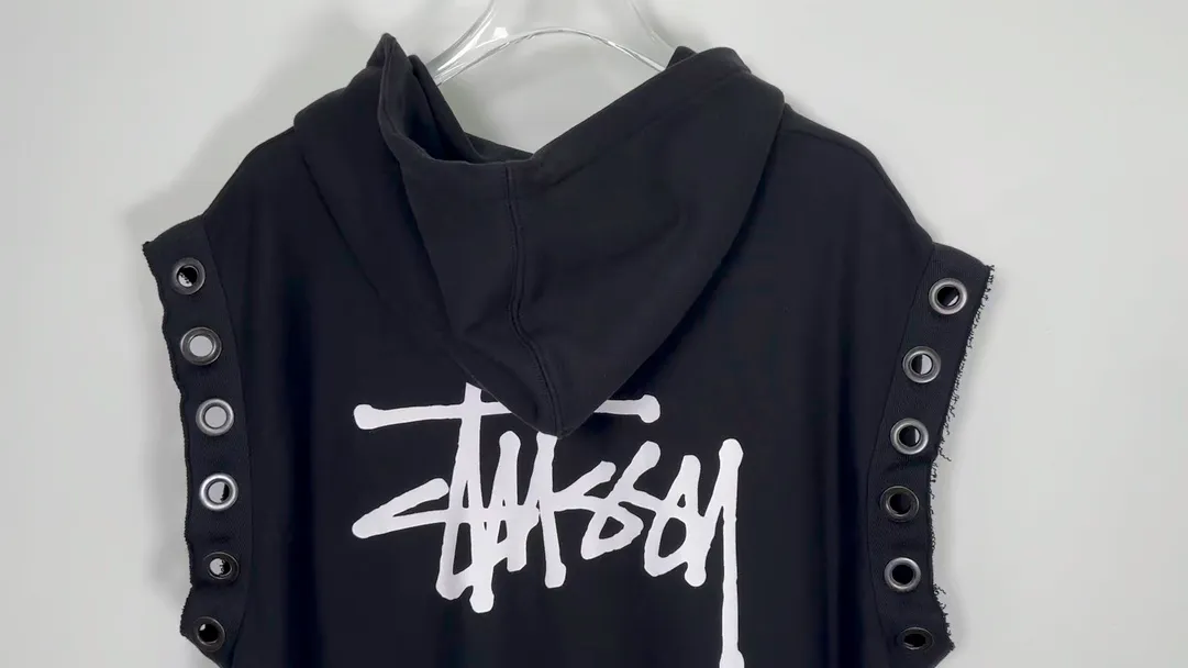 Stussy x JUNYA WATANABE Hooded Vest joint logo eyelet raw edge hooded sweatshirt vest black S-XL