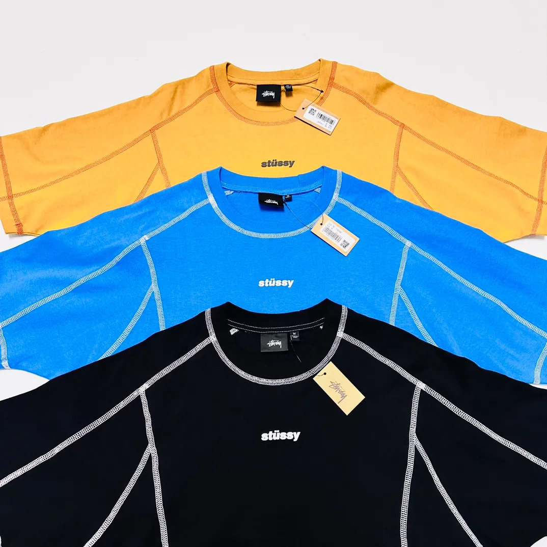 STUSSY SS24 WAVE COTTON CREW TEE Top-stitched Micro Label T-shirt Black Blue Mustard Yellow S-XL Original Same 240g Weight