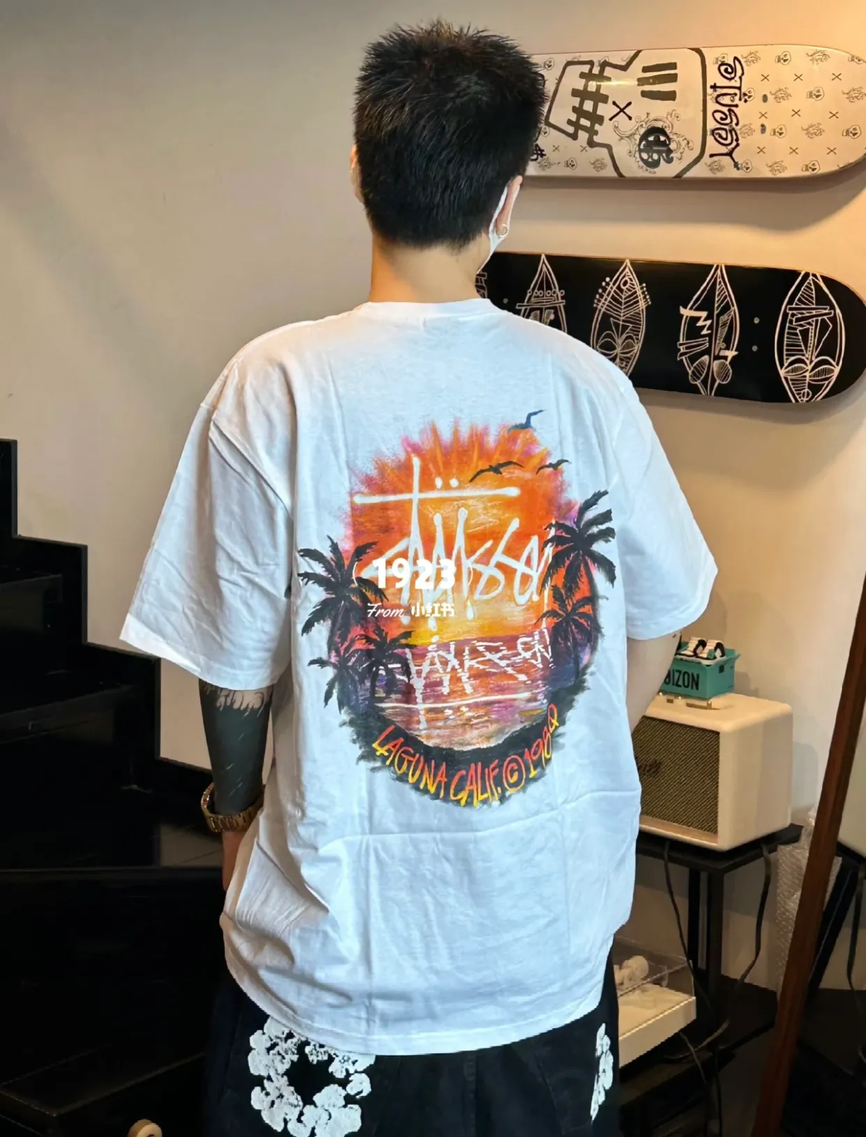 STUSSY SS24 SUNSET TEE Sunset Coconut Beach View T-shirt Black and White S-XL