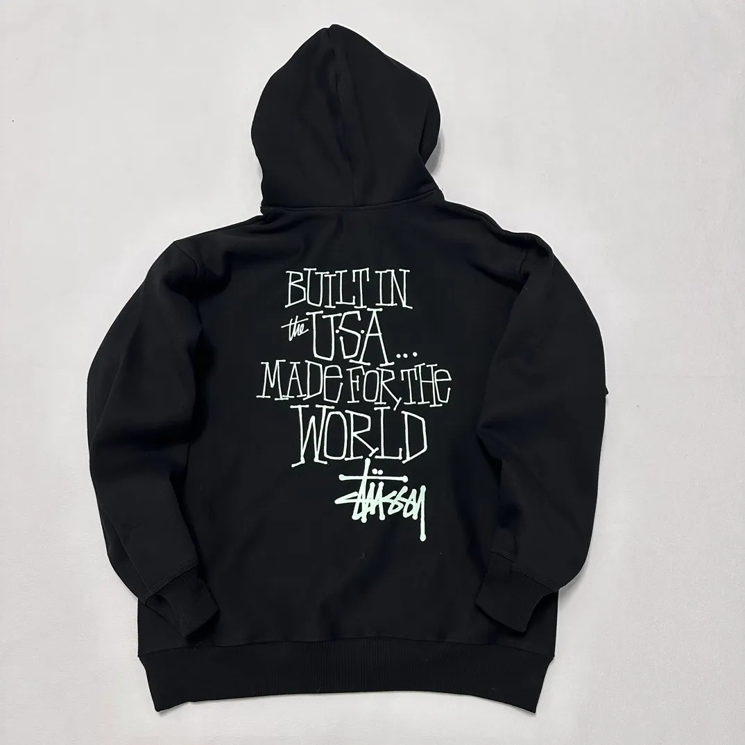 Graffiti word sweatshirt Stussy FW24 BUILT IN USA HOODIE English logo on the back plus velvet hooded sweatshirt/hoodie black gray dark blue S-XL