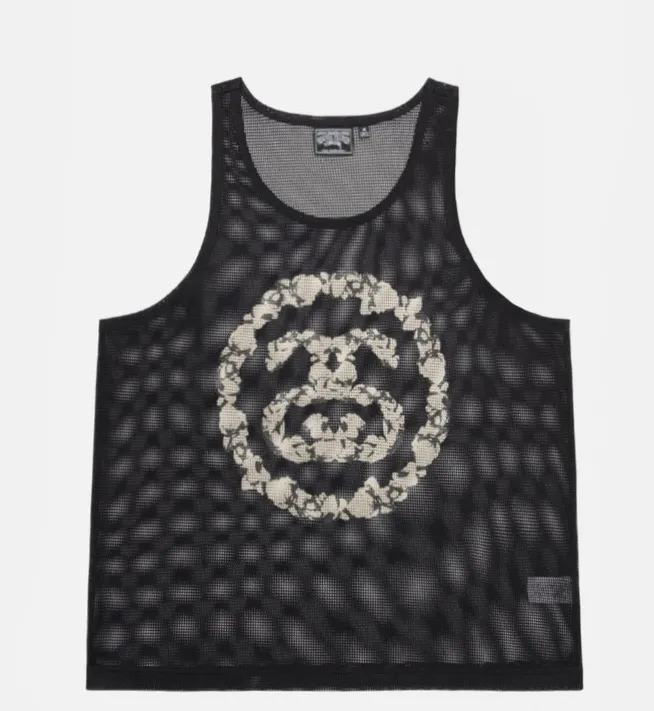Spot goods! DT vest STUSSY X DENIM TEARS joint model SS25 MESH TANK garland mesh hollow vest black S- XL