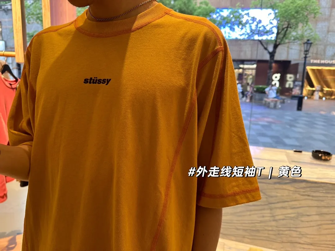 STUSSY SS24 WAVE COTTON CREW TEE Top-stitched Micro Label T-shirt Black Blue Mustard Yellow S-XL Original Same 240g Weight