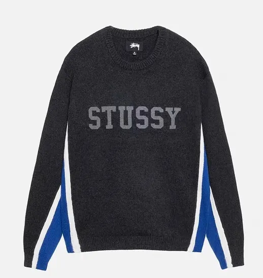 Contrast color patchwork sweater STUSSY FW24 STRIPE CREW Holiday series jacquard knitted crew neck sweater carbon black M gray M-XL