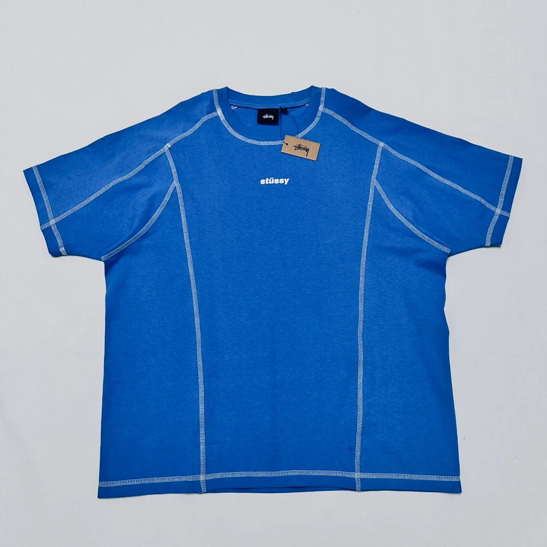 STUSSY SS24 WAVE COTTON CREW TEE Top-stitched Micro Label T-shirt Black Blue Mustard Yellow S-XL Original Same 240g Weight