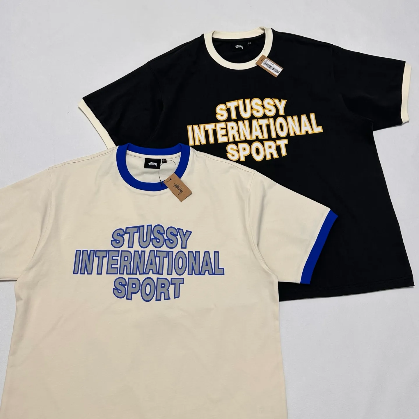 Detailed shooting of contrast collar T-shirt STUSSY SS25 HEAVY JERSEY CREW high weight knitted sports short sleeves washed black and off-white S- XL