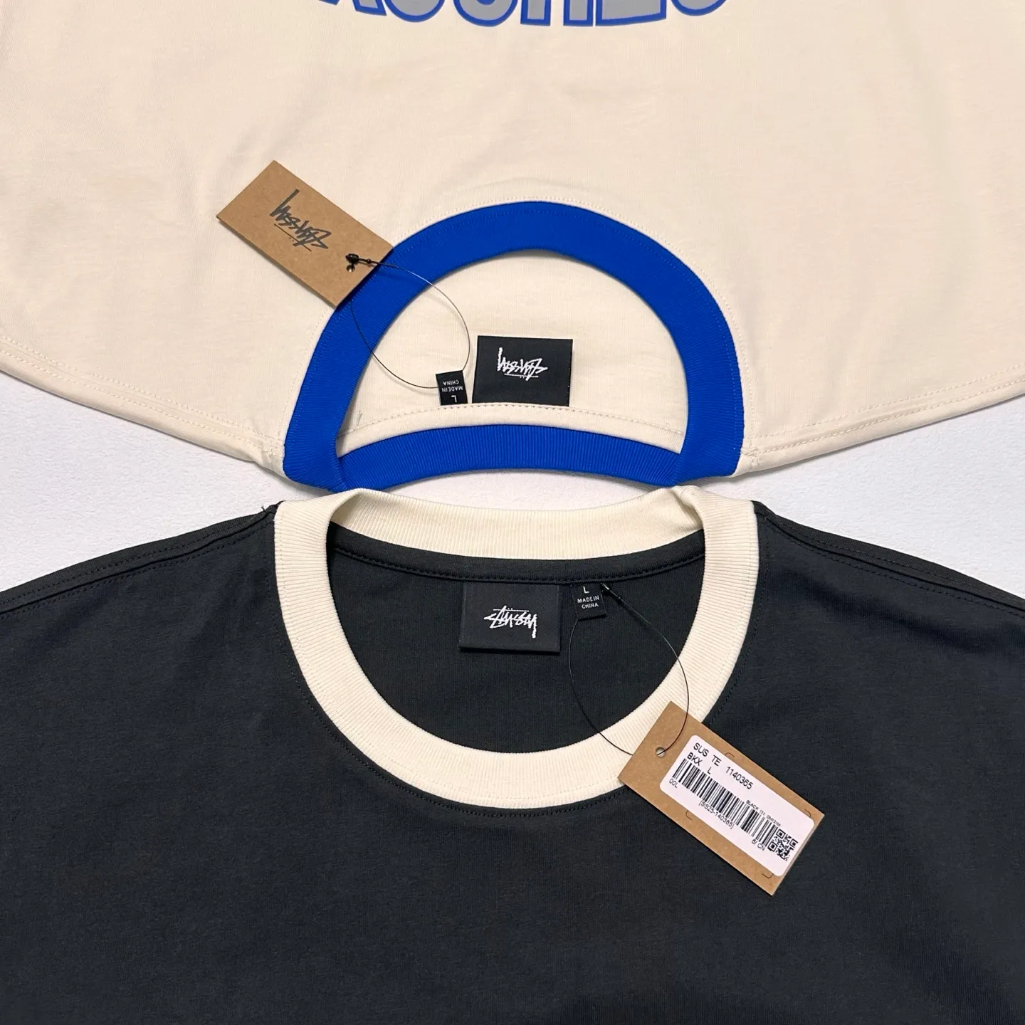Detailed shooting of contrast collar T-shirt STUSSY SS25 HEAVY JERSEY CREW high weight knitted sports short sleeves washed black and off-white S- XL