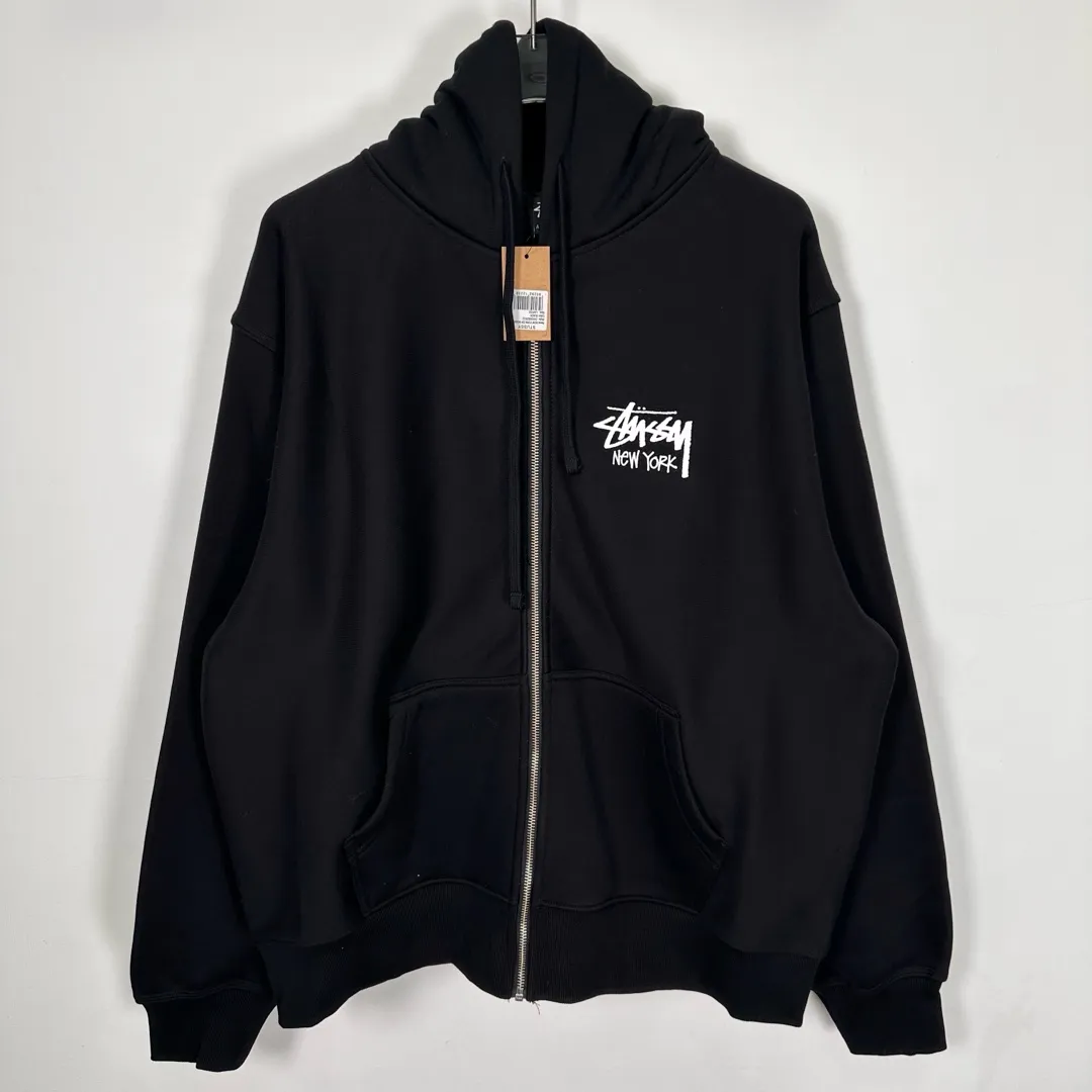 Stussy City Limited Series New York Letter Logo Printed Velvet Zipper Hooded Sweatshirt Black S-XXL