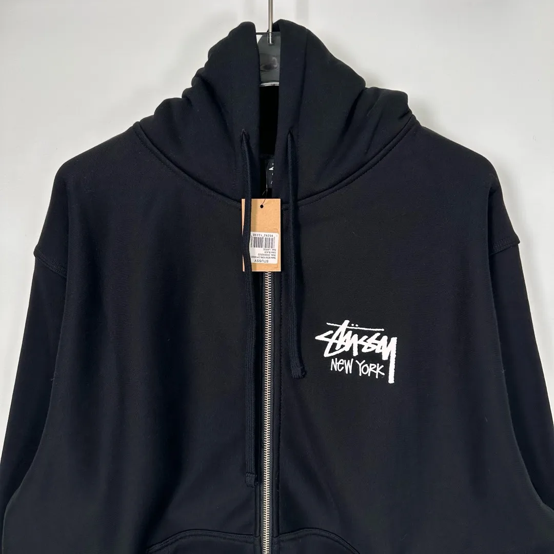 Stussy City Limited Series New York Letter Logo Printed Velvet Zipper Hooded Sweatshirt Black S-XXL