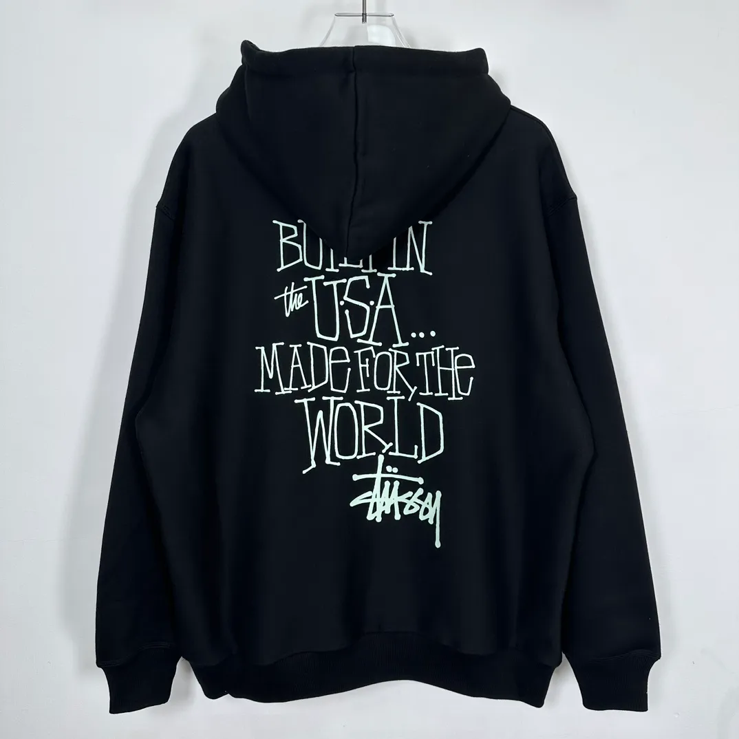 Graffiti word sweatshirt Stussy FW24 BUILT IN USA HOODIE English logo on the back plus velvet hooded sweatshirt/hoodie black gray blue S-XL