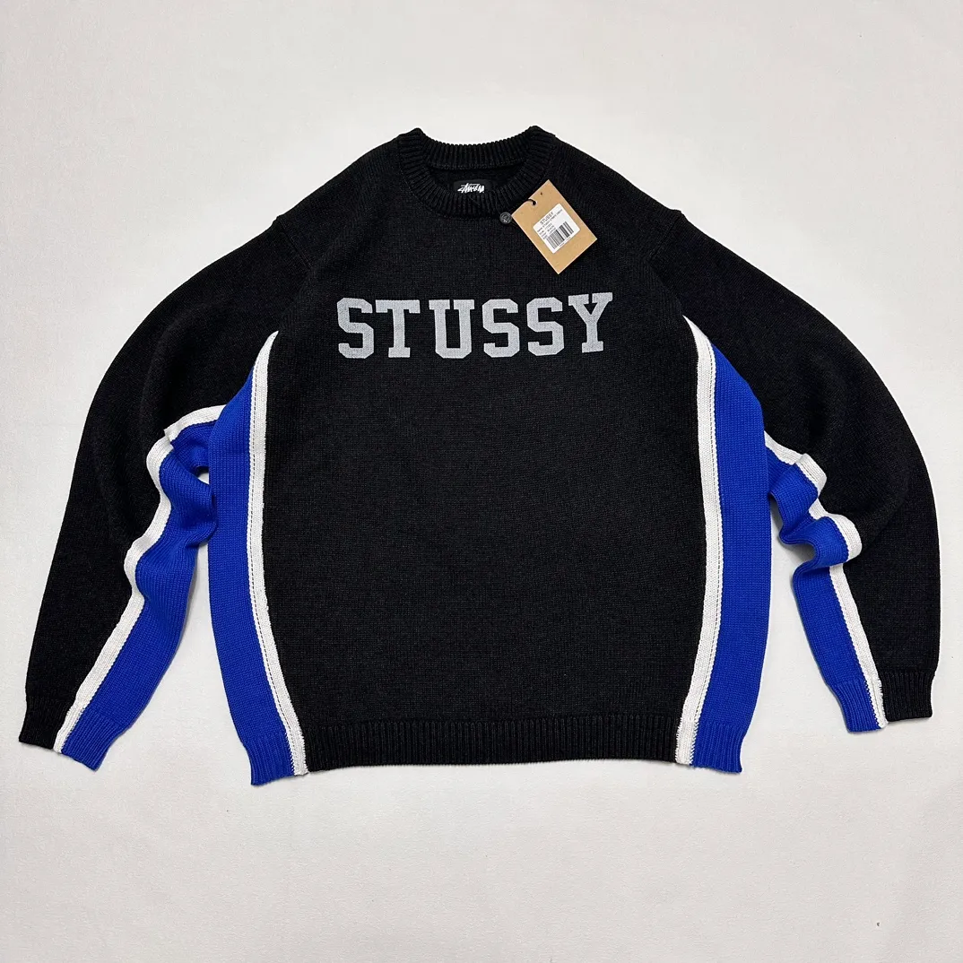 Contrast color patchwork sweater STUSSY FW24 STRIPE CREW Holiday series Jacquard knitted crew neck sweater carbon black M gray M-XL