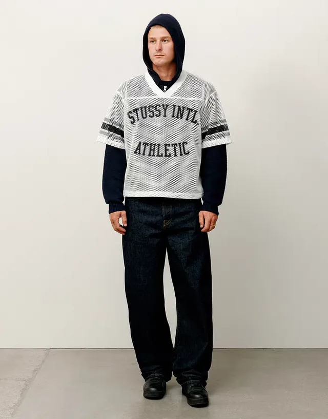 Mesh V-neck T-shirt Stussy SS25 STÜSSY INTERNATIONAL TEAM JERSEY V-neck mesh retro letter short sleeves black and white S-XL