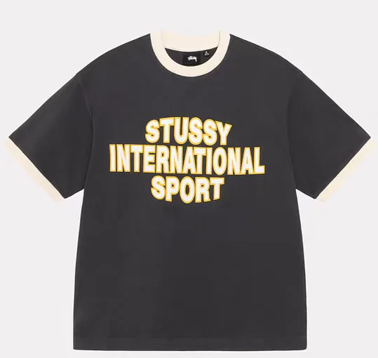 Contrast color collar T-shirt STUSSY SS25 HEAVY JERSEY CREW High weight knitted sports short-sleeved washed black beige S- XL