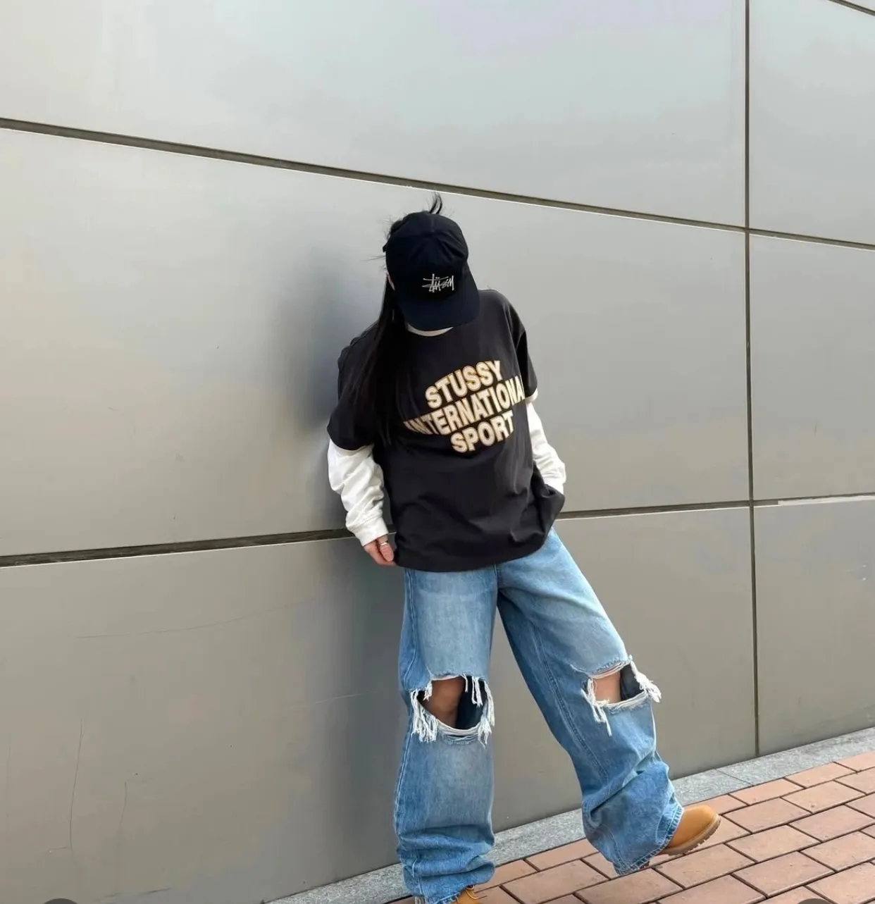 Contrast color collar T-shirt STUSSY SS25 HEAVY JERSEY CREW High weight knitted sports short-sleeved washed black beige S- XL