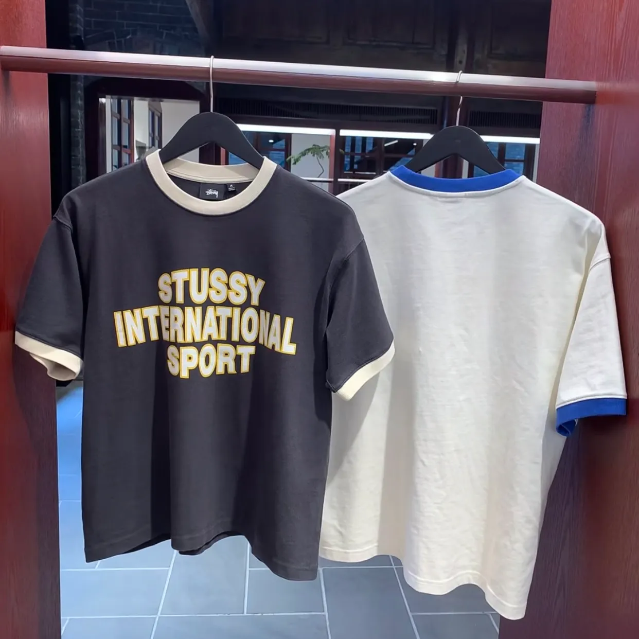 Contrast color collar T-shirt STUSSY SS25 HEAVY JERSEY CREW High weight knitted sports short-sleeved washed black beige S- XL
