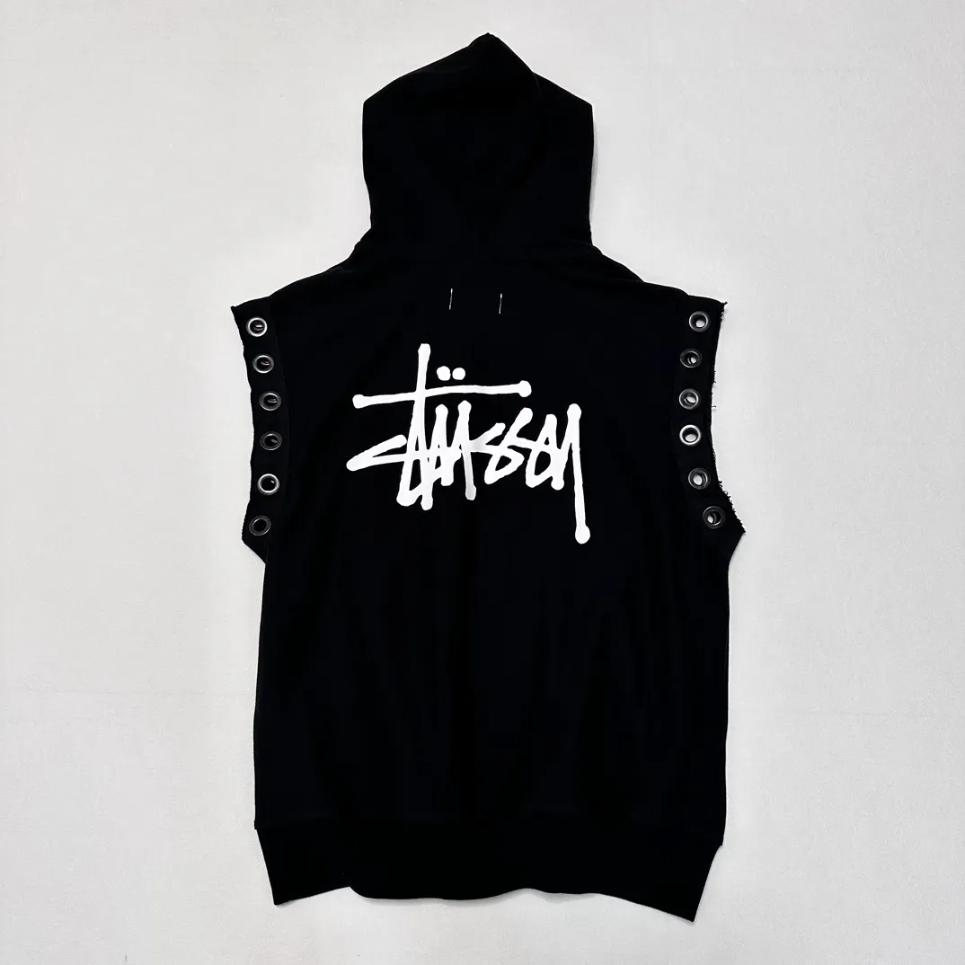 Stussy x JUNYA WATANABE Hooded Vest joint logo eyelet raw edge hooded sweatshirt vest black S-XL