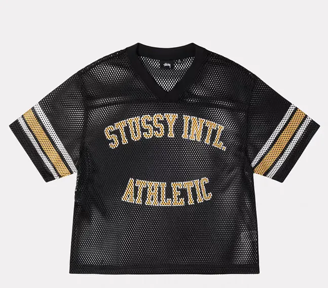 Mesh V-neck T-shirt Stussy SS25 STÜSSY INTERNATIONAL TEAM JERSEY V-neck mesh retro letter short sleeves black and white S-XL