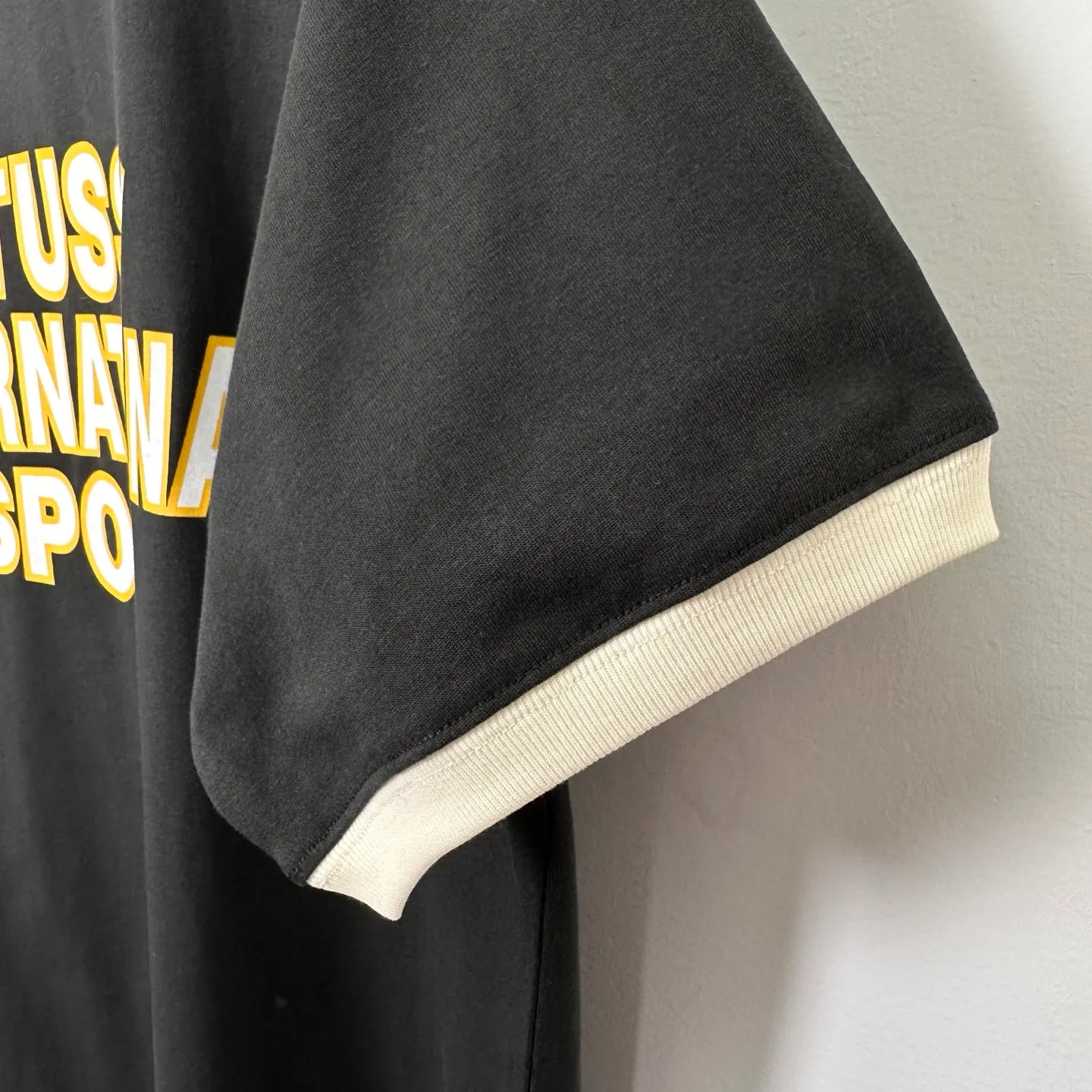 Contrast color collar T-shirt STUSSY SS25 HEAVY JERSEY CREW High weight knitted sports short-sleeved washed black beige S- XL