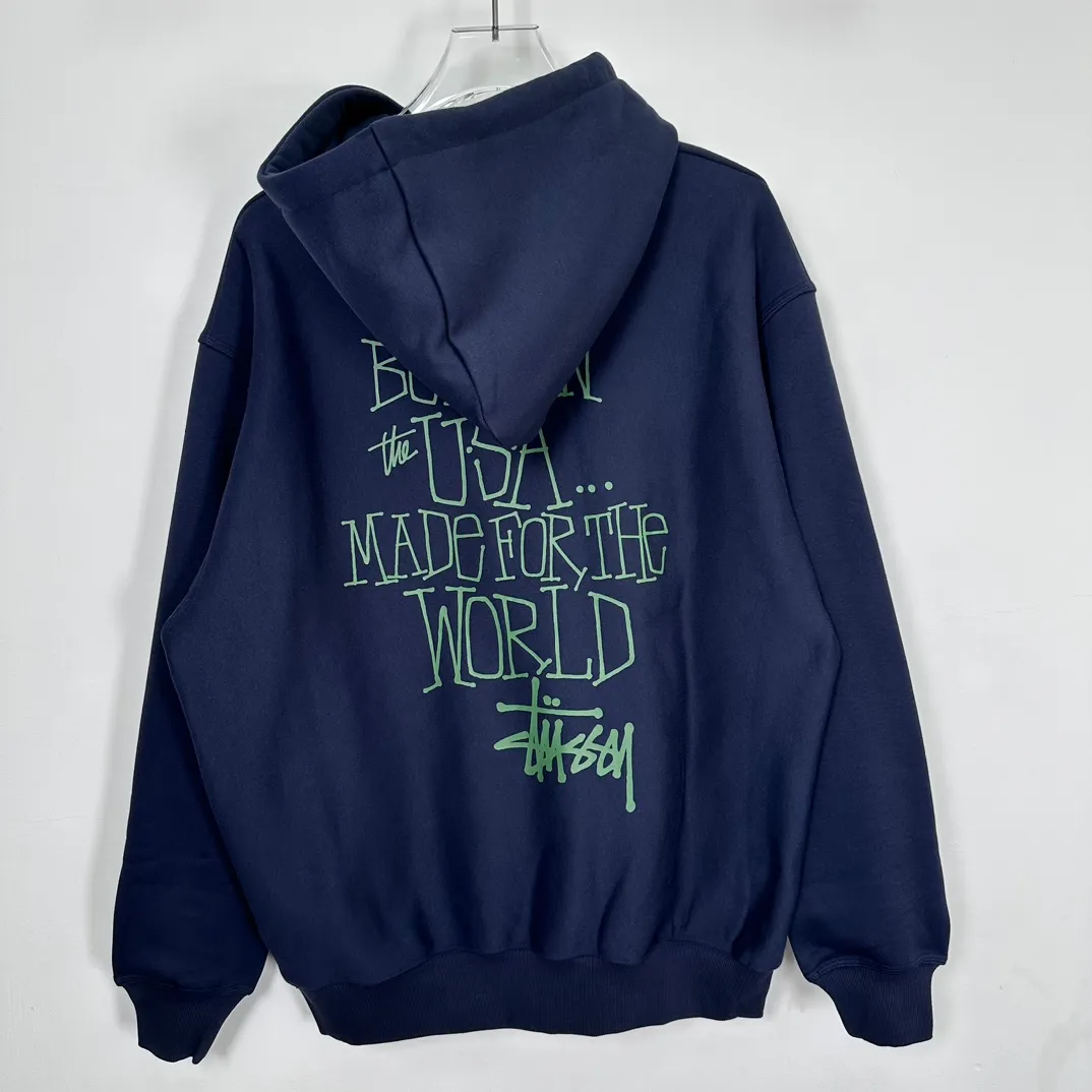 Graffiti word sweatshirt Stussy FW24 BUILT IN USA HOODIE English logo on the back plus velvet hooded sweatshirt/hoodie black gray dark blue S-XL