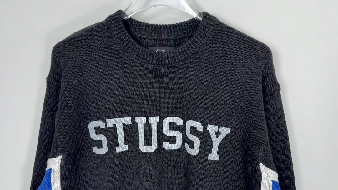 Contrast color patchwork sweater STUSSY FW24 STRIPE CREW Holiday series Jacquard knitted crew neck sweater carbon black M gray M-XL