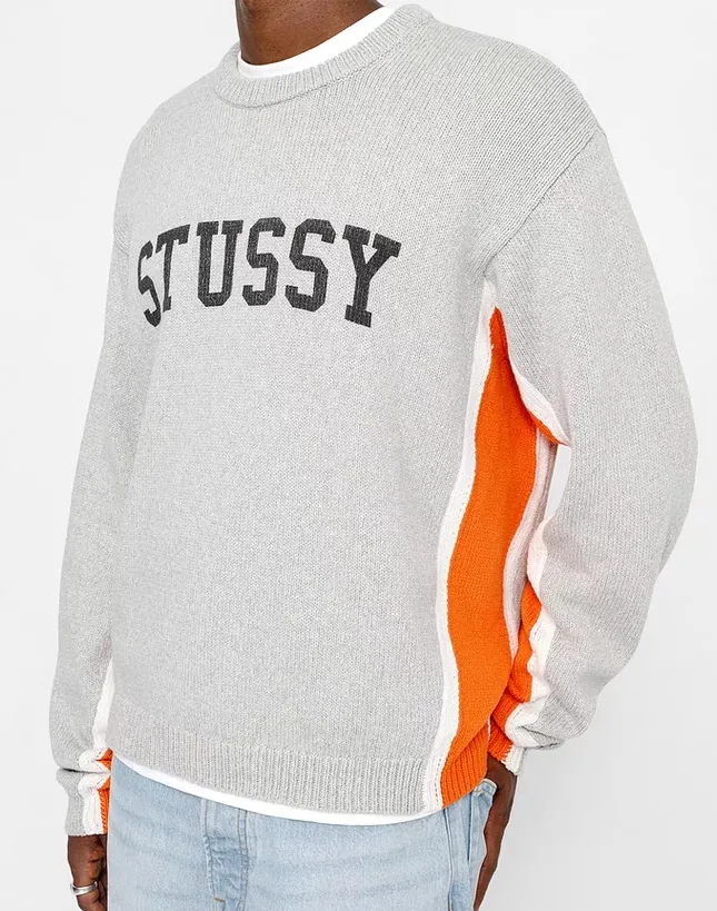 Contrast color patchwork sweater STUSSY FW24 STRIPE CREW Holiday series Jacquard knitted crew neck sweater carbon black M gray M-XL