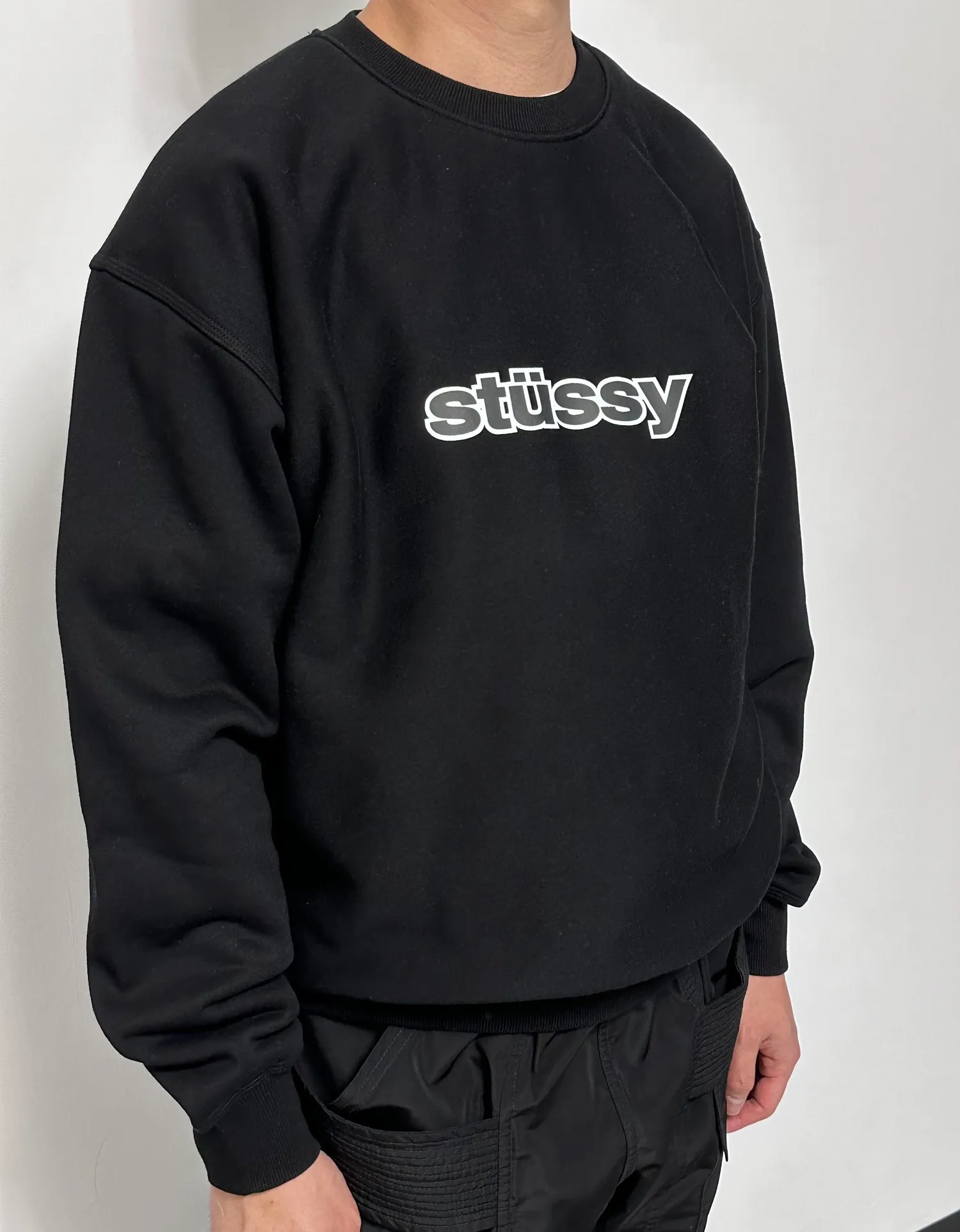 STUSSY 23FW SS-LINK CREW Double S-shaped chain printed pattern round neck sweatshirt, same style for men and women, black light gray S-XL