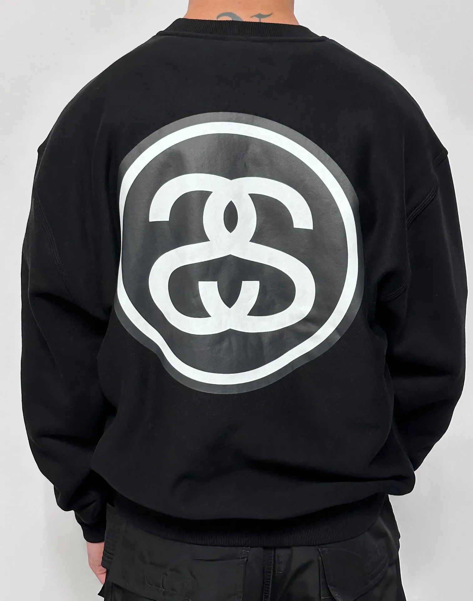 STUSSY 23FW SS-LINK CREW Double S-shaped chain printed pattern round neck sweatshirt, same style for men and women, black light gray S-XL