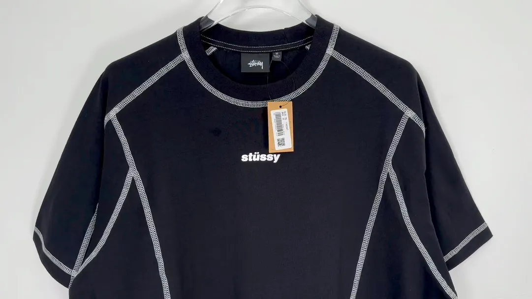 STUSSY SS24 WAVE COTTON CREW TEE Top-stitched Micro Label T-shirt Black Blue Mustard Yellow S-XL Original Same 240g Weight