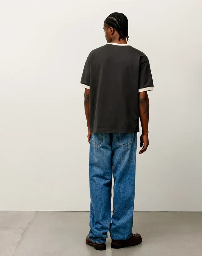 Contrast color collar T-shirt STUSSY SS25 HEAVY JERSEY CREW High weight knitted sports short-sleeved washed black beige S- XL