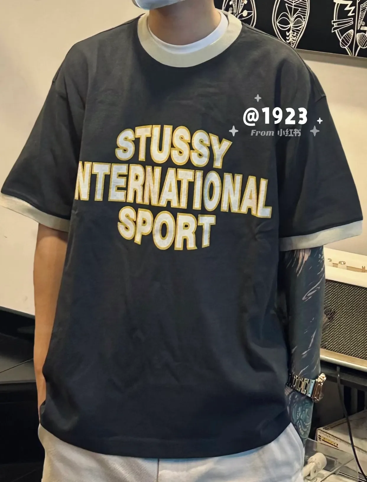 Contrast color collar T-shirt STUSSY SS25 HEAVY JERSEY CREW High weight knitted sports short-sleeved washed black beige S- XL
