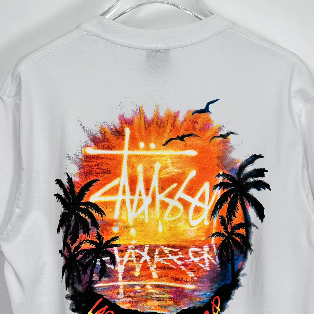 STUSSY SS24 SUNSET TEE Sunset Coconut Beach View T-shirt Black and White S-XL