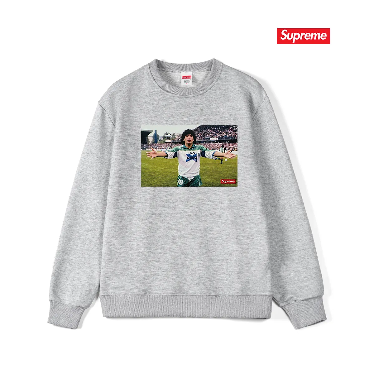 Style No. S1068 #terry p150💰 Velvet 160💰 Supreme SS24 WEEK1 Maradona No Drug character tee round neck sweatshirt Made of 400g large terry (drop shoulder large version) fabric, soft texture and no pilling Imported environmentally friendly printing glue The pattern is bright and three-dimensional Quality 💥 Same style for men and women The upper body is trendy Color: black white gray Size: S M L XL XXL