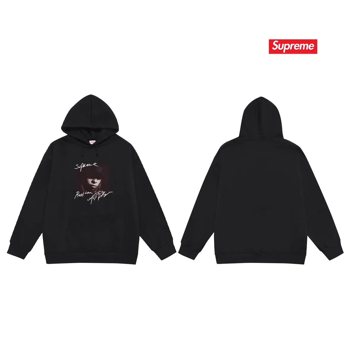 Style No. S2201 #terry P160💰 Velvet P170💰 Supreme FW19 Week 1 Mary J. Blige hooded sweatshirt Made of 400g large terry 430g silver fox velvet (drop shoulder large version) fabric, soft texture and no pilling Imported environmentally friendly printing glue The pattern is bright and three-dimensional Quality 💥Same style for men and women The upper body is trendy Color: black white gray Size: S M L XL XXL