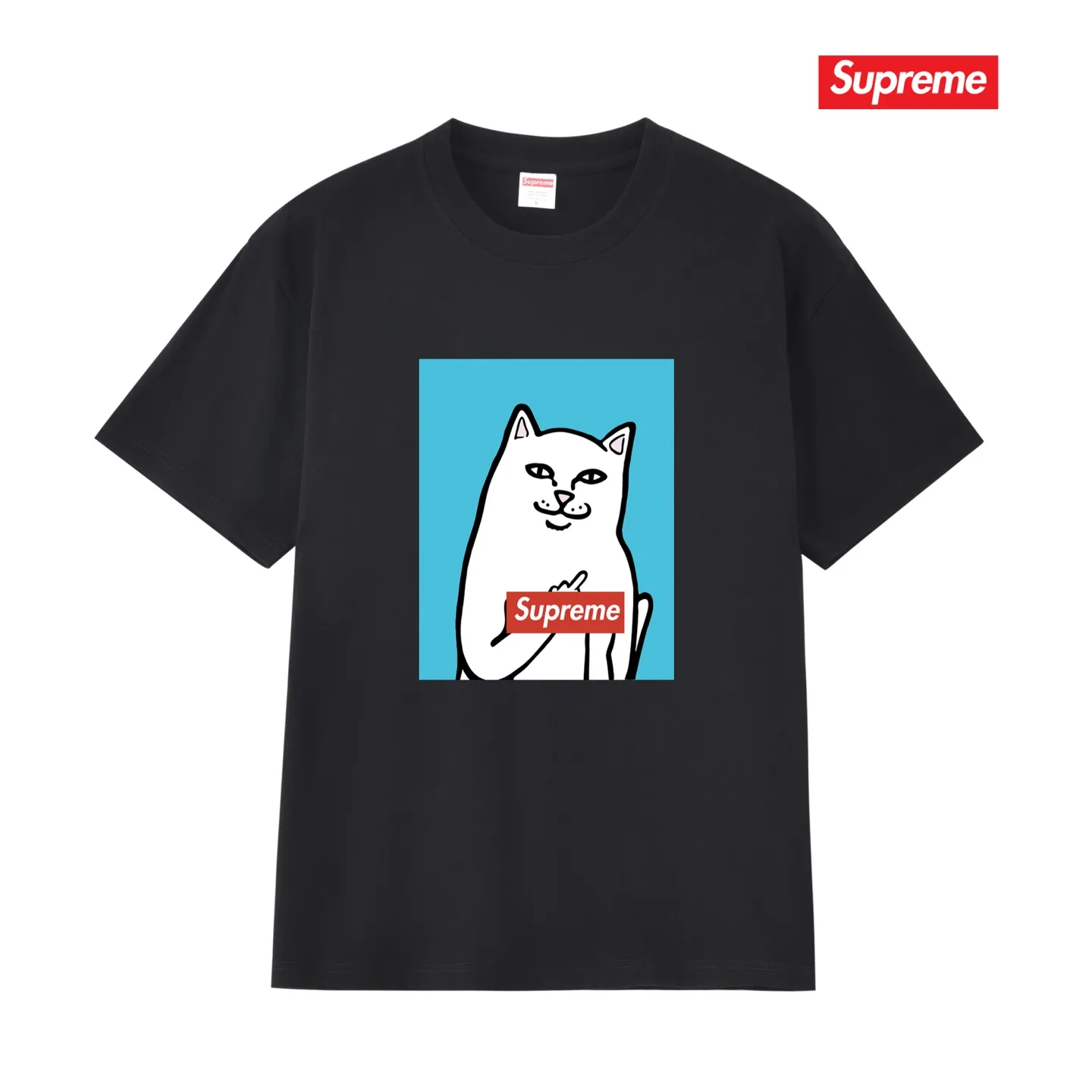S232 P110💰 Sup Spoof Little Kitty Middle Finger Fashion Brand T-shirt Half Sleeve Men's and Women's Pure Cotton Round Neck Short Sleeve Loose Fit Made of 260g combed cotton double yarn All three standards from fabrics to accessories are in compliance with ZP Imported Matsui Company slurry printing will never crack The whole piece adopts three-needle five-thread technology (neckline-shoulder seam-sleeve seam double line, looks more three-dimensional and textured) The same process as the original version, classic version Feel free to compare zp. The whole piece adopts three-needle five-thread craftsmanship (neckline-shoulder seam-sleeve seam double thread, which looks more three-dimensional and textured). It has the same craftsmanship as the original original, classic version. Color: black, white, light gray, pink, navy. Size: S M L XL XXL