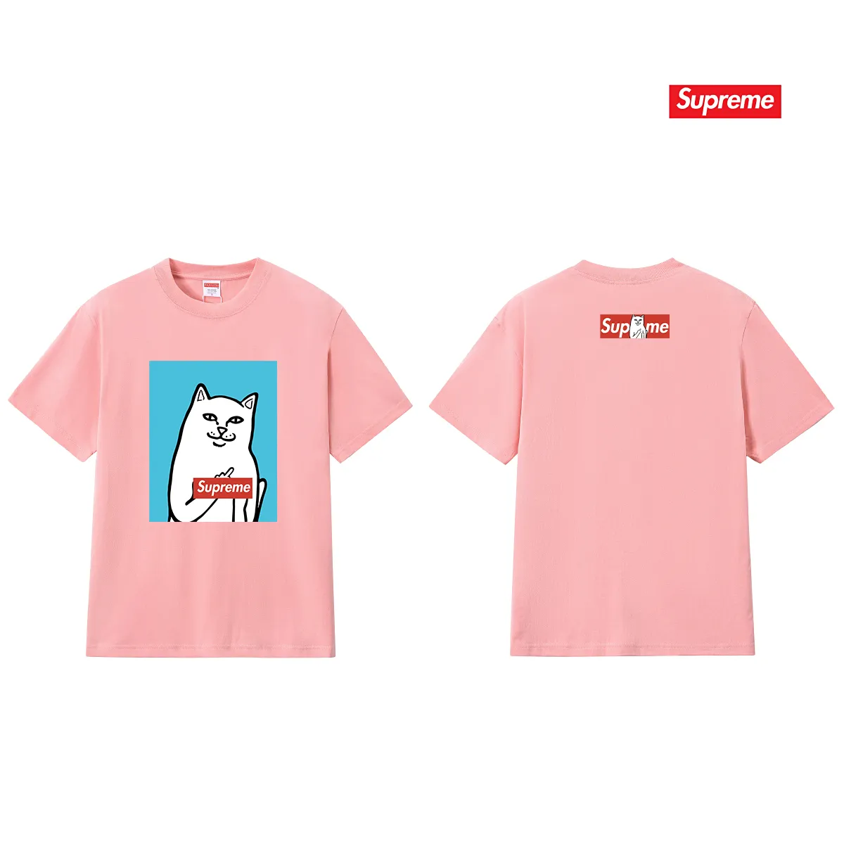 S232 P110💰 Sup Spoof Little Kitty Middle Finger Fashion Brand T-shirt Half Sleeve Men's and Women's Pure Cotton Round Neck Short Sleeve Loose Fit Made of 260g combed cotton double yarn All three standards from fabrics to accessories are in compliance with ZP Imported Matsui Company slurry printing will never crack The whole piece adopts three-needle five-thread technology (neckline-shoulder seam-sleeve seam double line, looks more three-dimensional and textured) The same process as the original version, classic version Feel free to compare zp. The whole piece adopts three-needle five-thread craftsmanship (neckline-shoulder seam-sleeve seam double thread, which looks more three-dimensional and textured). It has the same craftsmanship as the original original, classic version. Color: black, white, light gray, pink, navy. Size: S M L XL XXL