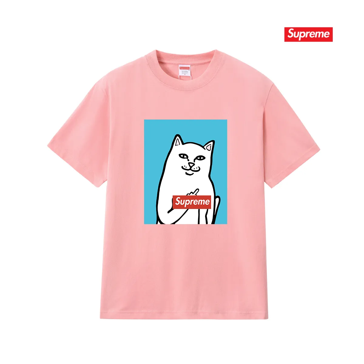 S232 P110💰 Sup Spoof Little Kitty Middle Finger Fashion Brand T-shirt Half Sleeve Men's and Women's Pure Cotton Round Neck Short Sleeve Loose Fit Made of 260g combed cotton double yarn All three standards from fabrics to accessories are in compliance with ZP Imported Matsui Company slurry printing will never crack The whole piece adopts three-needle five-thread technology (neckline-shoulder seam-sleeve seam double line, looks more three-dimensional and textured) The same process as the original version, classic version Feel free to compare zp. The whole piece adopts three-needle five-thread craftsmanship (neckline-shoulder seam-sleeve seam double thread, which looks more three-dimensional and textured). It has the same craftsmanship as the original original, classic version. Color: black, white, light gray, pink, navy. Size: S M L XL XXL