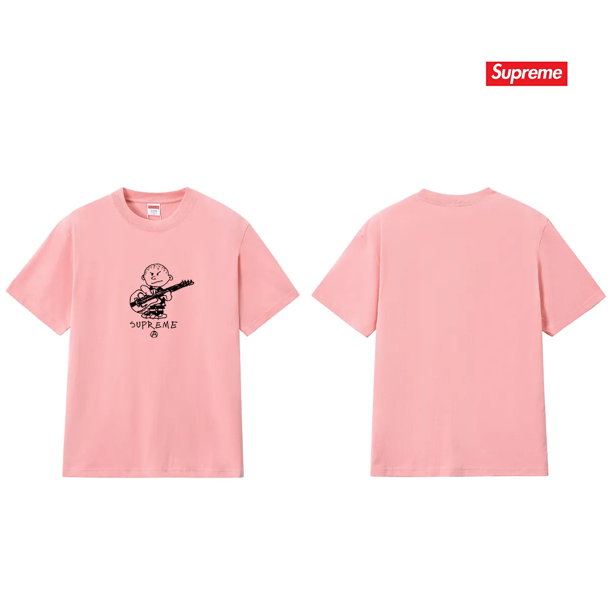 S160 P110💰 Sup 72FW Rocker Tee rock guitarist kid cartoon pattern short-sleeved T-shirt for men and women, trendy for couples. Loose fit. Made of 260g combed cotton double yarn. All three standards are complete from fabric to accessories. ZP. Imported Matsui company's slurry printing will never crack. The whole piece adopts three-needle five-thread technology. The collar-shoulder seam-sleeve seam is double-lined, which looks more three-dimensional and textured.) The same process as the original version, classic version Feel free to compare zp. The whole piece adopts three-needle five-thread craftsmanship (neckline-shoulder seam-sleeve seam double thread, which looks more three-dimensional and textured). It has the same craftsmanship as the original original, classic version. Color: black, white, light gray, navy blue, pink. Size: S M L XL XXL