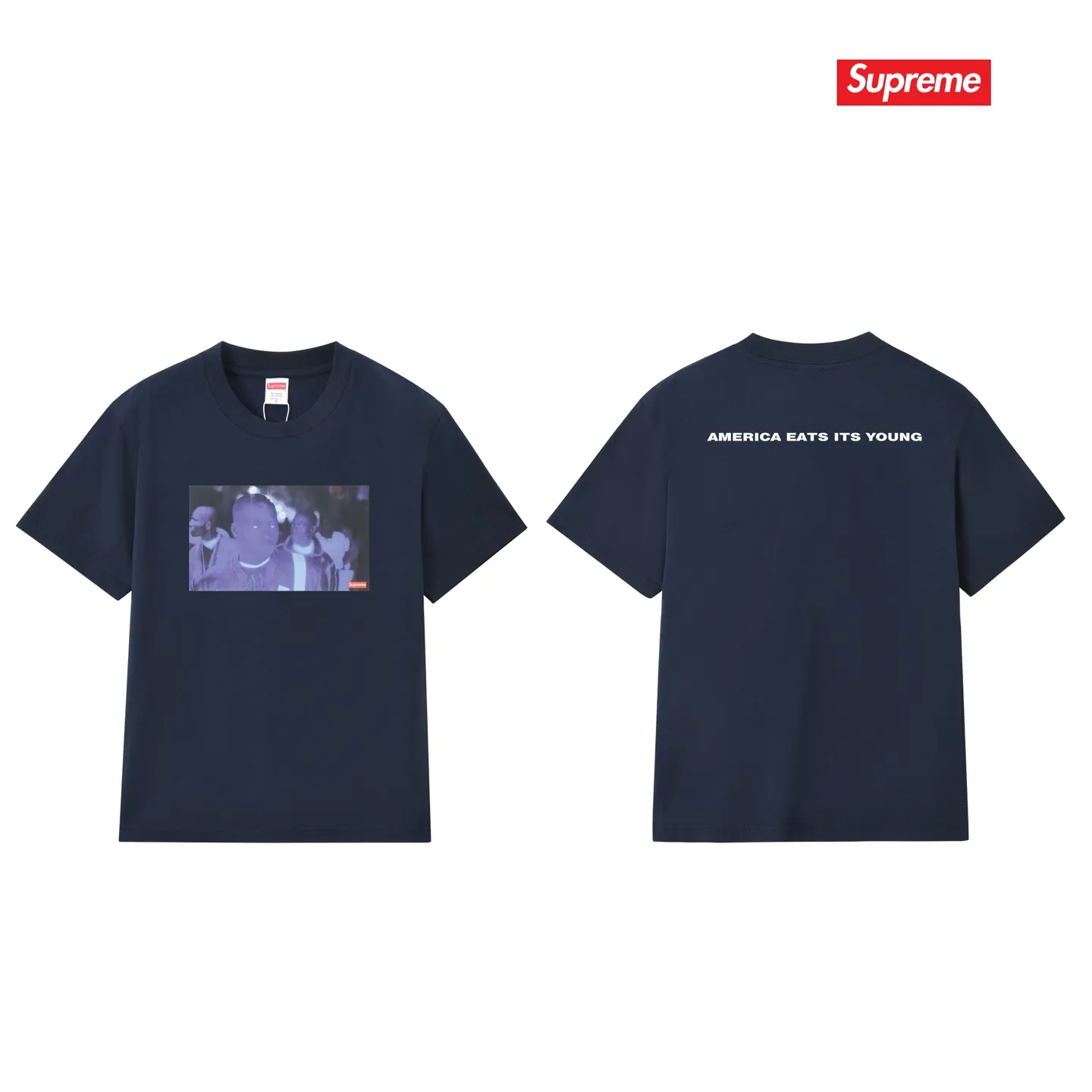 S246 P110💰 Supreme Week 7 America Eats Its Young Tee Printed round neck short-sleeved American trendy T-shirt. Same style for men and women. Loose fit. Made of 260g combed cotton double yarn. All three standards are complete from fabrics to accessories. ZP. Imported Matsui Company slurry printing will never crack. The whole piece adopts three-needle five-thread technology. The neckline-shoulder seam-sleeve seam is double-lined, which looks more three-dimensional and textured.) The same process as the original version, classic version Feel free to compare zp. The whole piece adopts three-needle five-thread craftsmanship (neckline-shoulder seam-sleeve seam double thread, which looks more three-dimensional and textured). It has the same craftsmanship as the original original, classic version. Color: black, white, light gray, pink, navy. Size: S M L XL XXL