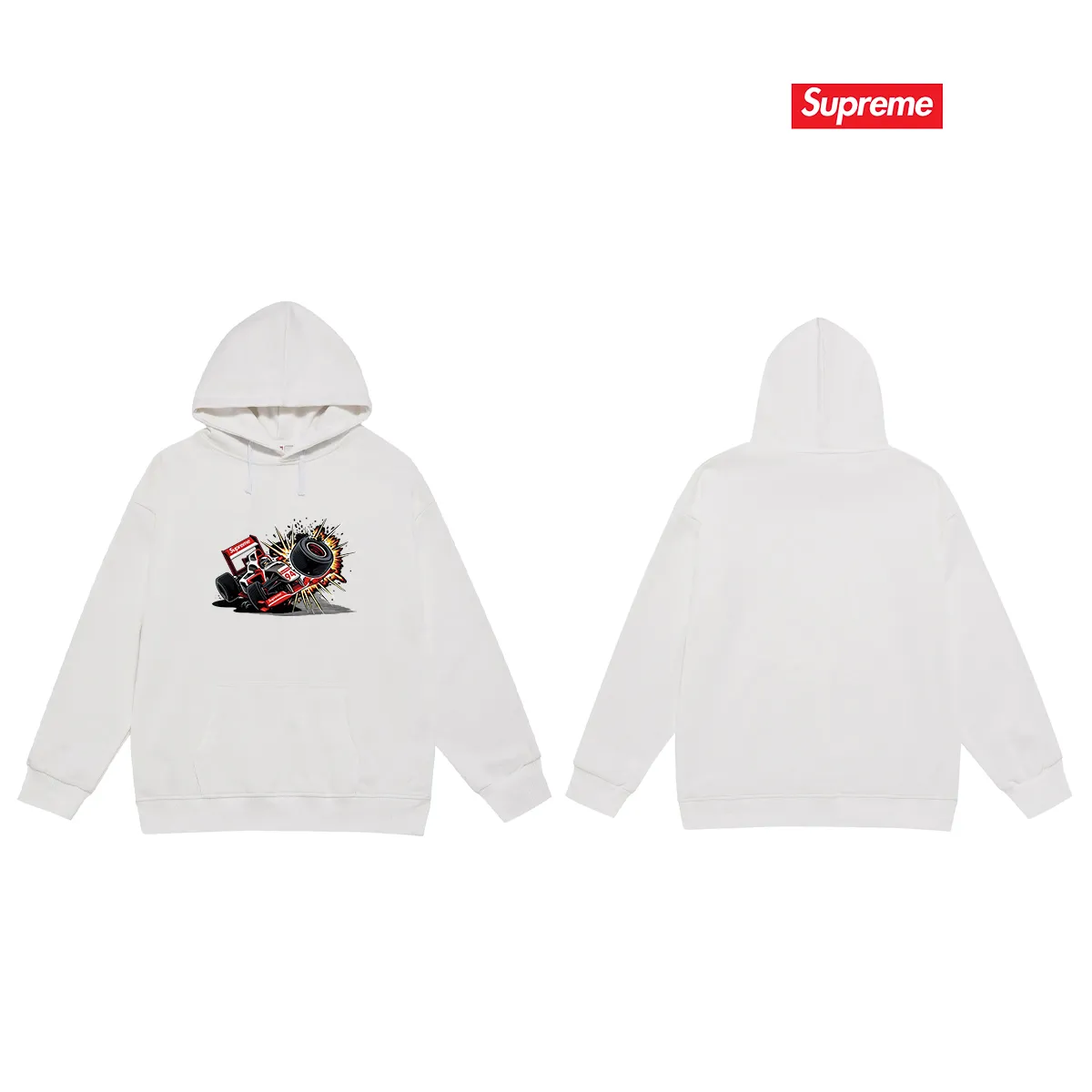 Style No. S2012 #terry P160💰 Velvet P170💰 Supreme Week 7 Crash Tee Racing Formula pattern printed hooded sweatshirt Made of 400g large terry 430g silver fox velvet (drop shoulder large version) fabric, soft texture and no pilling Imported environmentally friendly printing glue The pattern is bright and three-dimensional Quality 💥Same style for men and women The upper body is trendy Color: black white gray Size: S M L XL XXL