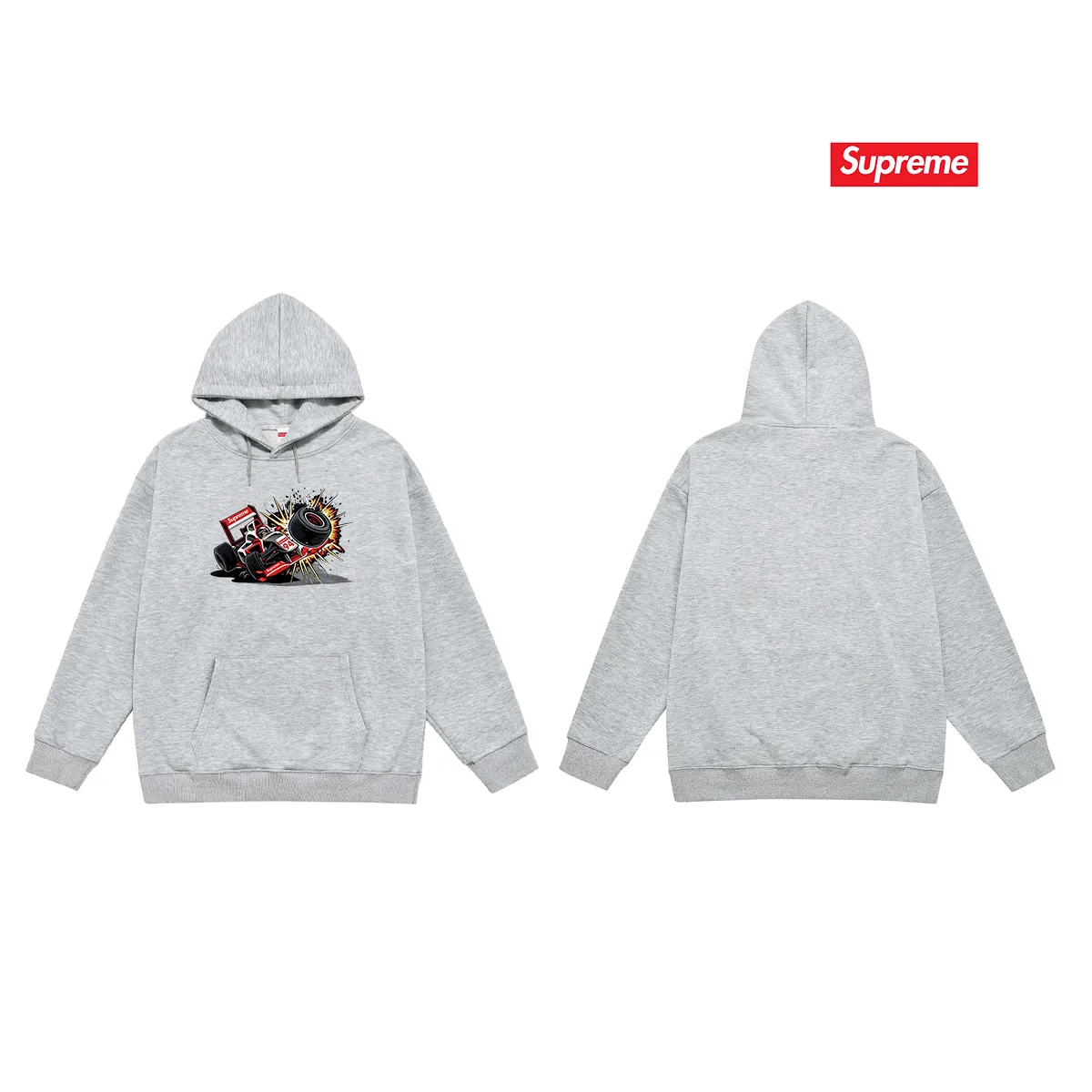 Style No. S2012 #terry P160💰 Velvet P170💰 Supreme Week 7 Crash Tee Racing Formula pattern printed hooded sweatshirt Made of 400g large terry 430g silver fox velvet (drop shoulder large version) fabric, soft texture and no pilling Imported environmentally friendly printing glue The pattern is bright and three-dimensional Quality 💥Same style for men and women The upper body is trendy Color: black white gray Size: S M L XL XXL