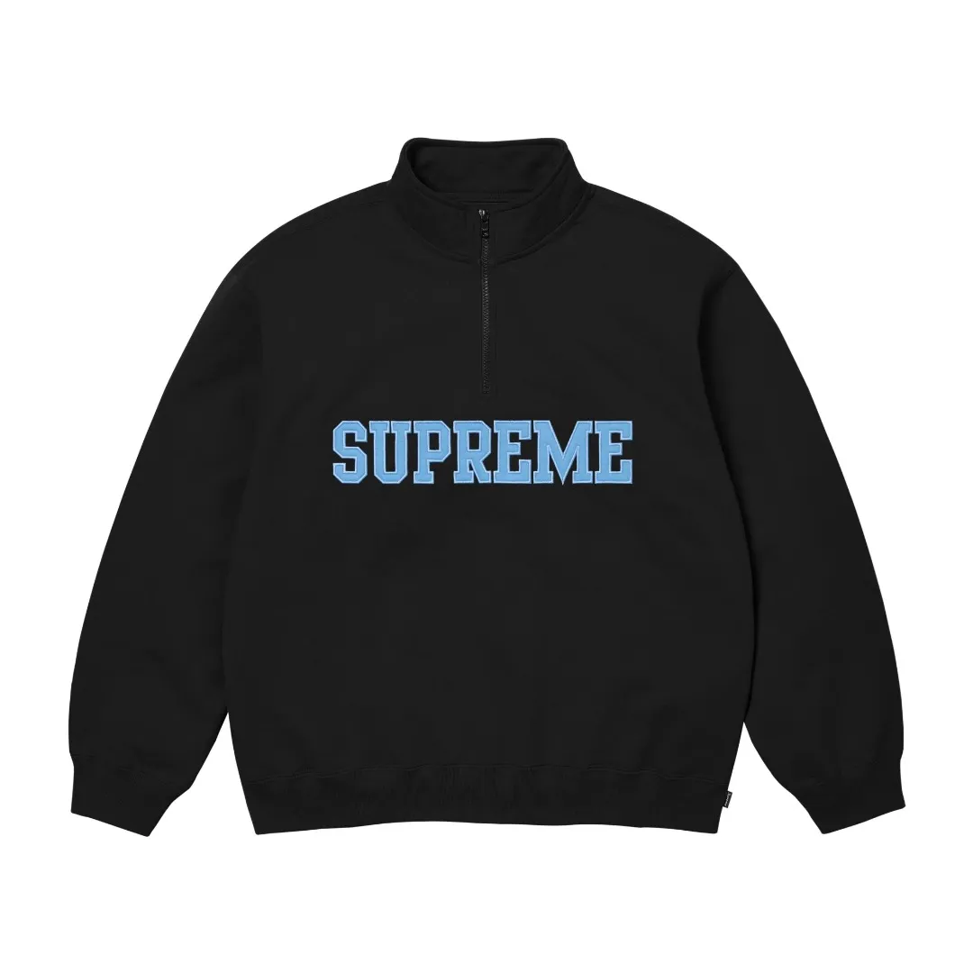 S588💰p350 Top version Supreme 24FW Collegiate Half Zip Pullover letter logo half-zip sweatshirt 1. Fabric: Custom-woven and dyed according to ZP testing, pure cotton 460G fleece main fabric 2. Technology: extra custom-dyed machine patches, large area embroidered letters on the front, imported Behringer embroidery machine operation, exquisite and perfect presentation 3. Hem and cuffs: Customized color matching thread using 520G Inelastic thread (low-end products use elastic thread, causing the hem and cuffs to appear wavy) 4. Customized ZP YKK zipper/main label/wash label/tag/packaging bag (equipped with extra-large thickened handbag) Size: S~XL