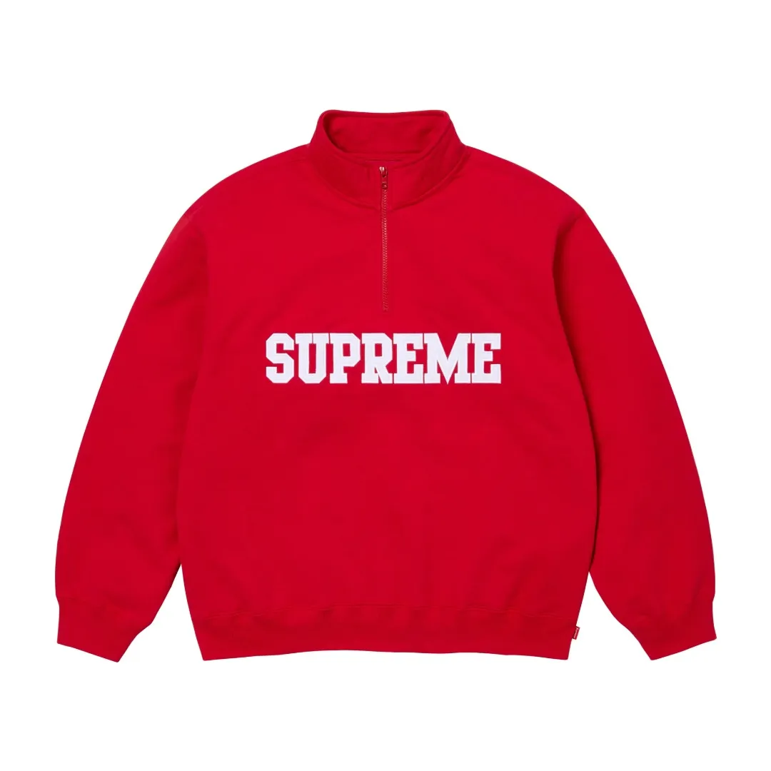 S588💰p350 Top version Supreme 24FW Collegiate Half Zip Pullover letter logo half-zip sweatshirt 1. Fabric: Custom-woven and dyed according to ZP testing, pure cotton 460G fleece main fabric 2. Technology: extra custom-dyed machine patches, large area embroidered letters on the front, imported Behringer embroidery machine operation, exquisite and perfect presentation 3. Hem and cuffs: Customized color matching thread using 520G Inelastic thread (low-end products use elastic thread, causing the hem and cuffs to appear wavy) 4. Customized ZP YKK zipper/main label/wash label/tag/packaging bag (equipped with extra-large thickened handbag) Size: S~XL