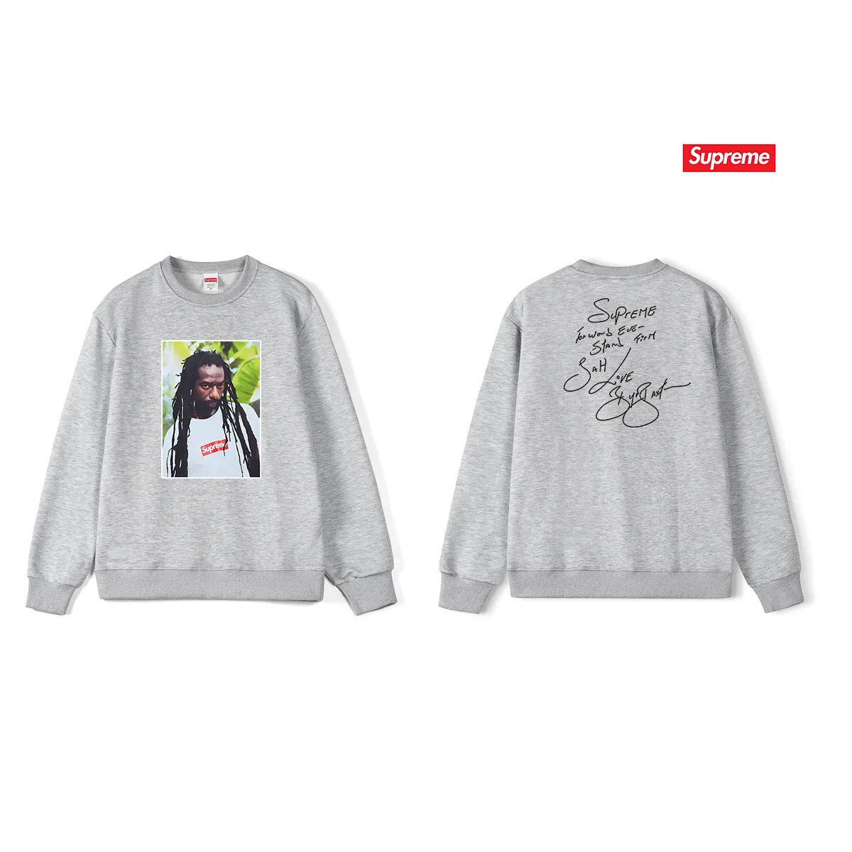 Style No. S1035 #terry p150💰 Velvet 160💰 Supreme SS19 Buju Banton Tee reggae character print round neck sweatshirt Made of 400g large terry (drop shoulder large version) fabric, soft texture and no pilling Imported environmentally friendly printing glue The pattern is bright and three-dimensional Quality 💥Same style for men and women The upper body is trendy Color: black white gray Size: S M L XL XXL