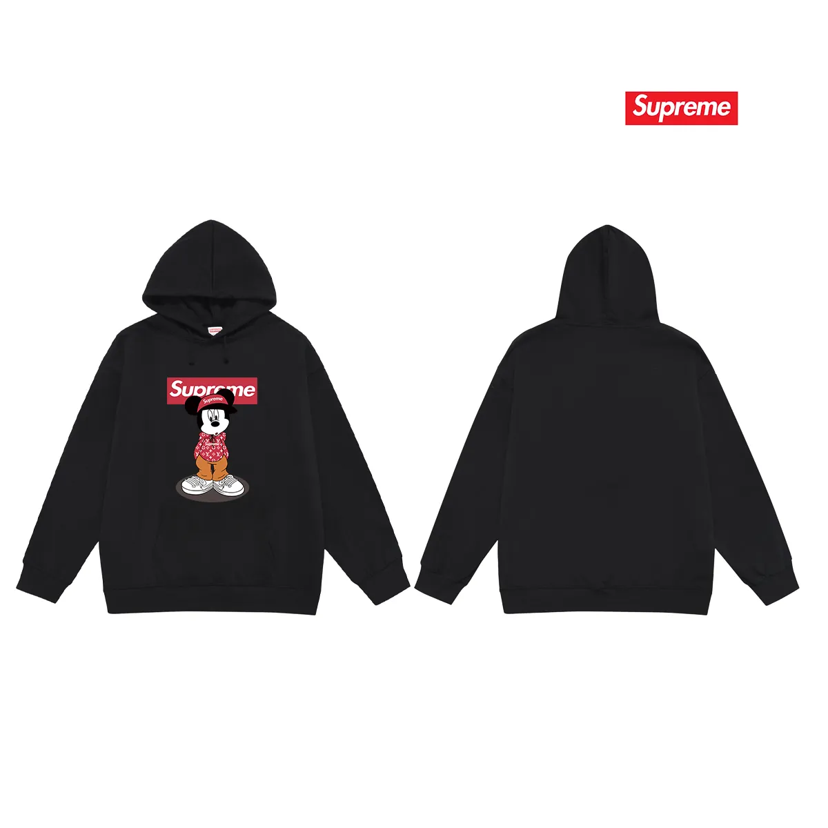 Style number S2235 #terry P160💰 Velvet P170💰 Supreme 2025 new Disney Mickey Mouse co-branded hooded sweatshirt Made of 400g large terry 430g silver fox velvet (off-shoulder large version) fabric, soft texture and no pilling Imported environmentally friendly printing glue The pattern is bright and three-dimensional Quality 💥Same style for men and women The upper body is trendy Color: black white gray Size: S M L XL XXL
