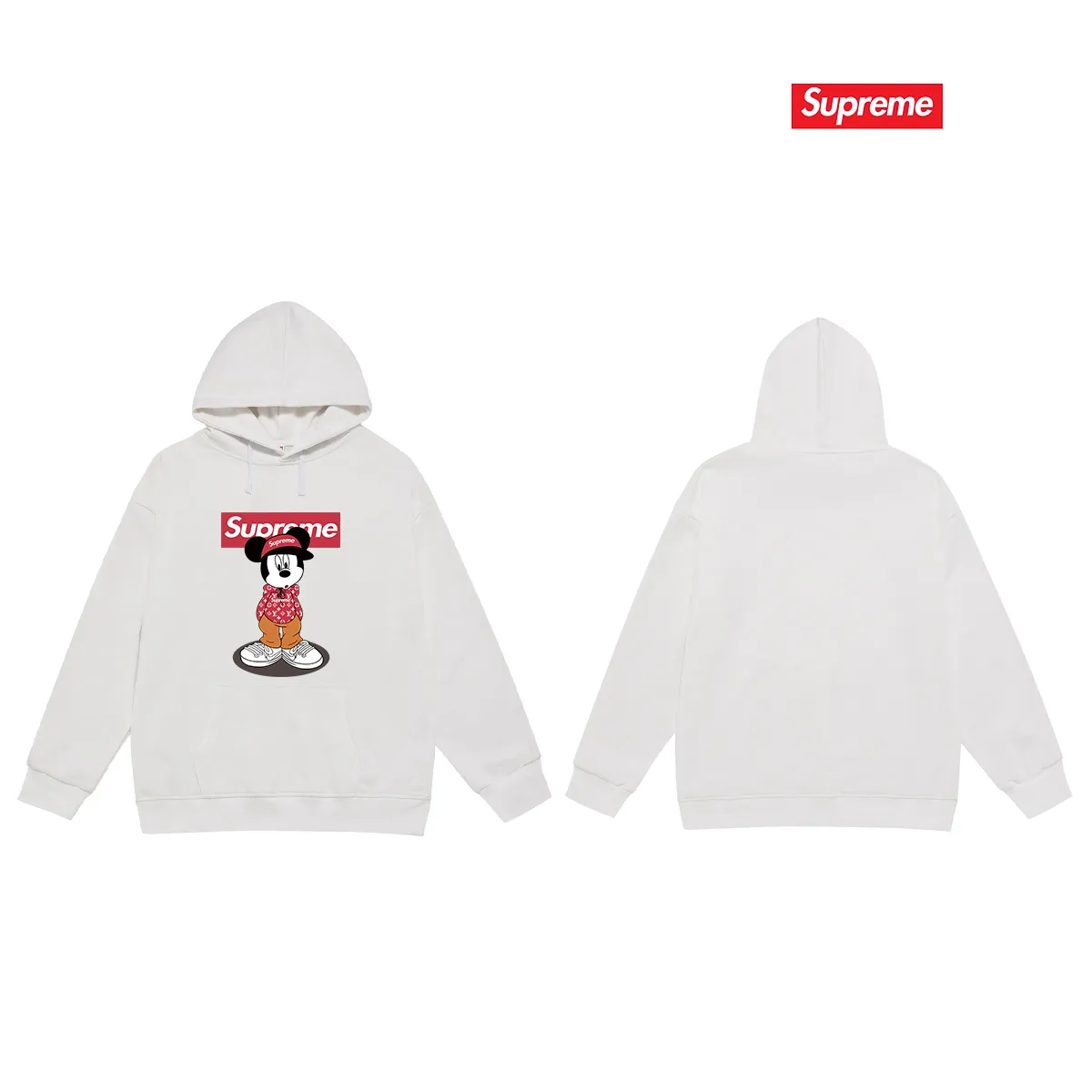 Style number S2235 #terry P160💰 Velvet P170💰 Supreme 2025 new Disney Mickey Mouse co-branded hooded sweatshirt Made of 400g large terry 430g silver fox velvet (off-shoulder large version) fabric, soft texture and no pilling Imported environmentally friendly printing glue The pattern is bright and three-dimensional Quality 💥Same style for men and women The upper body is trendy Color: black white gray Size: S M L XL XXL