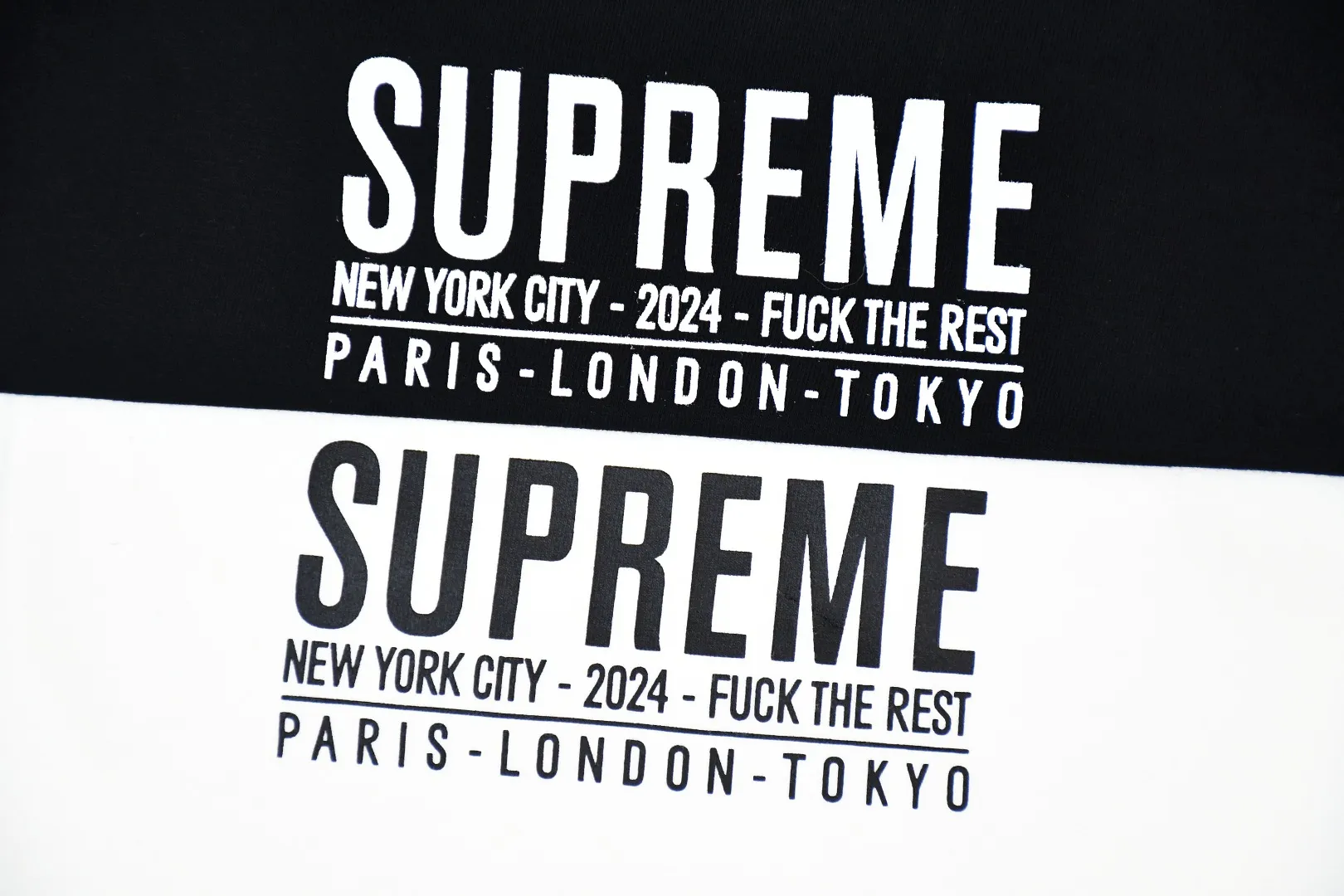 S384💰p136 Top version Supreme 24ss Paris PARIS short-sleeved T-shirt. Refuse to look at pictures to make goods. Refuse to compare wrong versions. Use cylinder seamless process (original process, there are no stitched bones on the side of the clothes, the key point of identification) The fabrics are all custom-woven and dyed, 280g weight, 100% cotton, cylindrical fabric. Cylindrical fabric is a knitted fabric woven with a cylinder loom. The needles are distributed in a cylindrical shape on the fuselage. The gray fabric is a large cylinder, which needs to be opened and shaped before it can be used further. There are no slits on the side of the clothes, so there is no washing label on the side of ordinary short-sleeves. There is only one collar label behind the neck. The printing uses thermosetting ink printing imported from Belgium (different from conventional heat transfer printing), also known as plastic ink, or self-adhesive ink. Its ingredients are: mainly composed of polyvinyl chloride (PVC) and phthalates. PVC and phthalates, solid color The thermosetting ink is composed of a mixture of agents, stabilizers, and thickeners. It is not the digital direct printing marketed on the market. The printing texture of thermosetting ink cannot be achieved by digital direct printing. The collar label has a watermark anti-counterfeiting effect, a real anti-counterfeiting layer, a version with a high probability of passing the inspection, and the original packaging picture has a high probability of passing the test. Size：S-XL